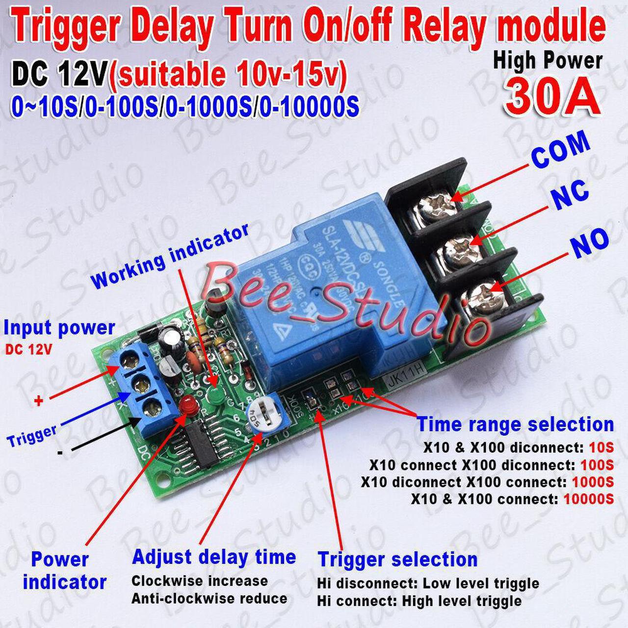 DC12V Trigger Delay Timer Switch Turn ON/Off Relay Module High Power 30A PLC