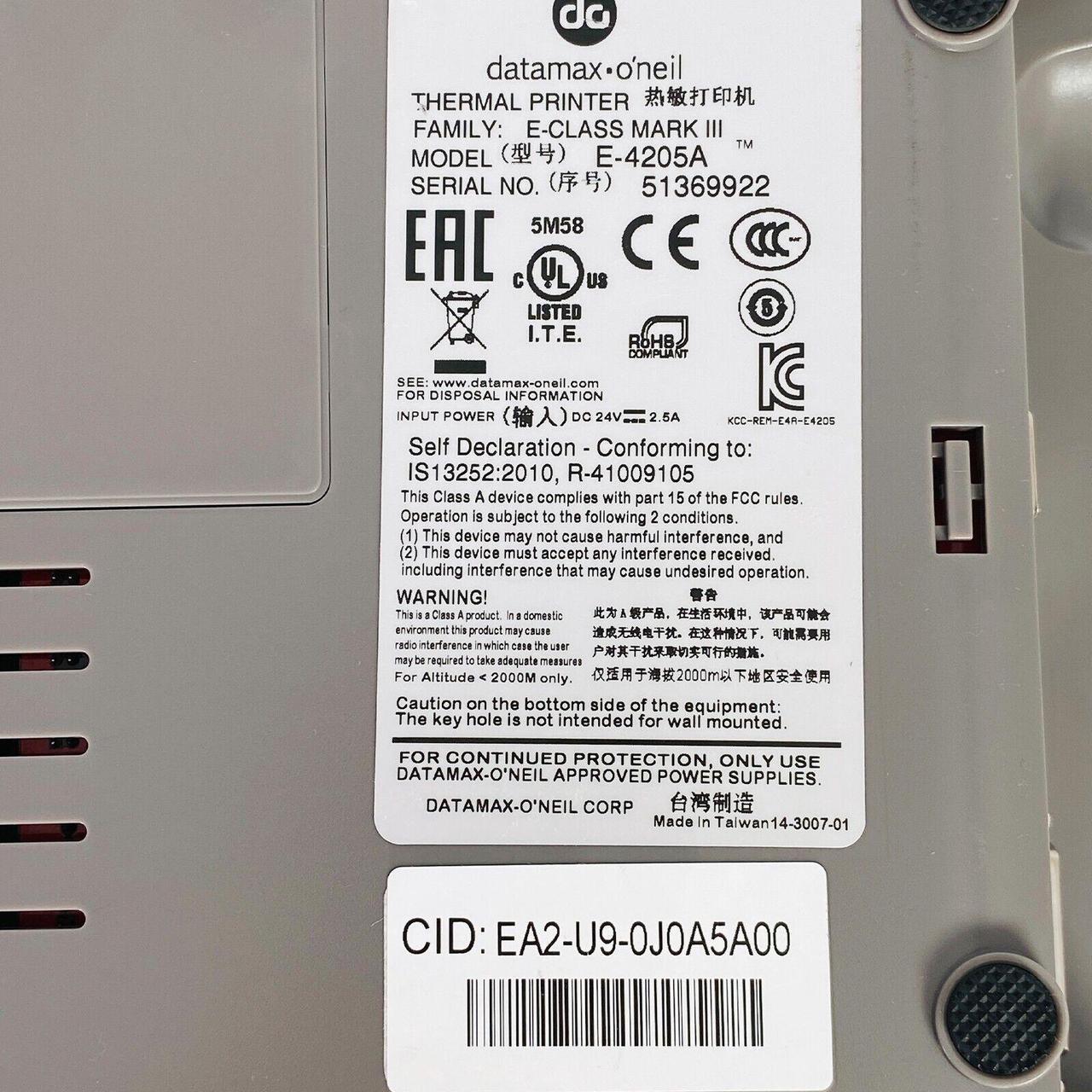 Alt view image 7 of 7 - Datamax E-4205A Mark III  203 x 203 DPI Media Width 4.4 Direct Thermal Barcode Printer Cutter with AC Adapter