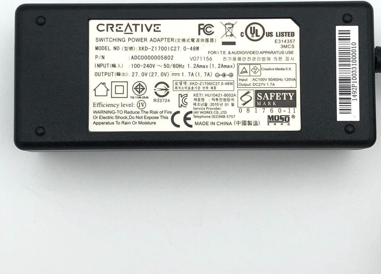 Alt view image 2 of 7 - Genuine 5.5x2.1mm Creative AC Adapter XKD-Z1700IC27.0-48W 27V 1.7A w/Cord