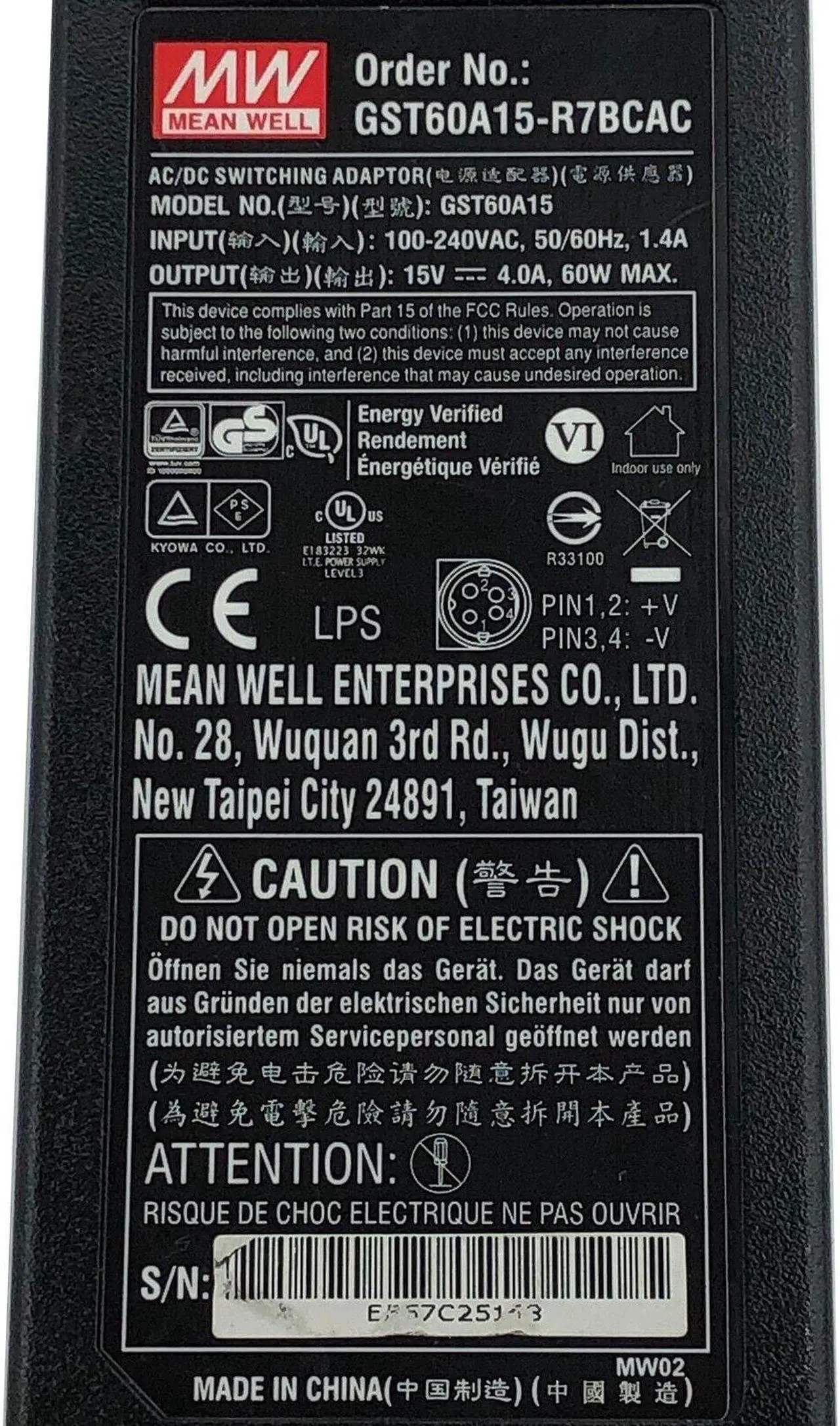 Alt view image 2 of 6 - OEM Mean Well GST60A15 AC Adapter 15V 4A 4-Pin Power Supply w/Cord