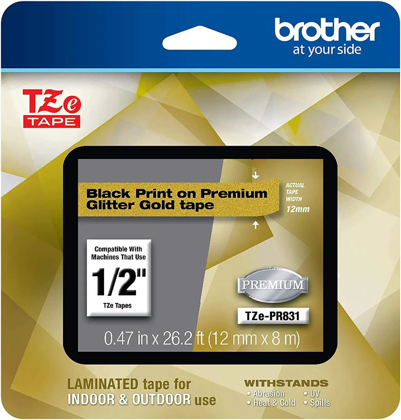 Alt view image 13 of 16 - Brother TZePR831 Black Print on Premium Glitter Gold Laminated Tape for P-touch Label Maker, 12mm (0.47”) wide x 8m (26.2') long