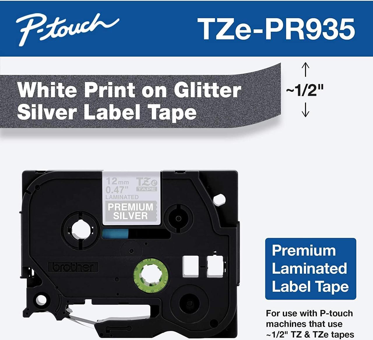 Alt view image 7 of 12 - Brother TZePR935 White Print on Premium Glitter Silver Laminated Tape for P-touch Label Maker, 12mm (0.47”) wide x 8m (26.2') long