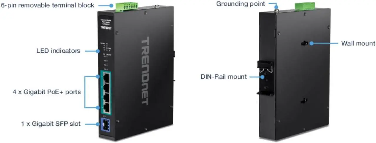Alt view image 2 of 18 - TRENDnet TI-PGM541, 5-port Industrial Gigabit PoE+ DIN-Rail Switch
-20°  65°C (-4°  149°F)