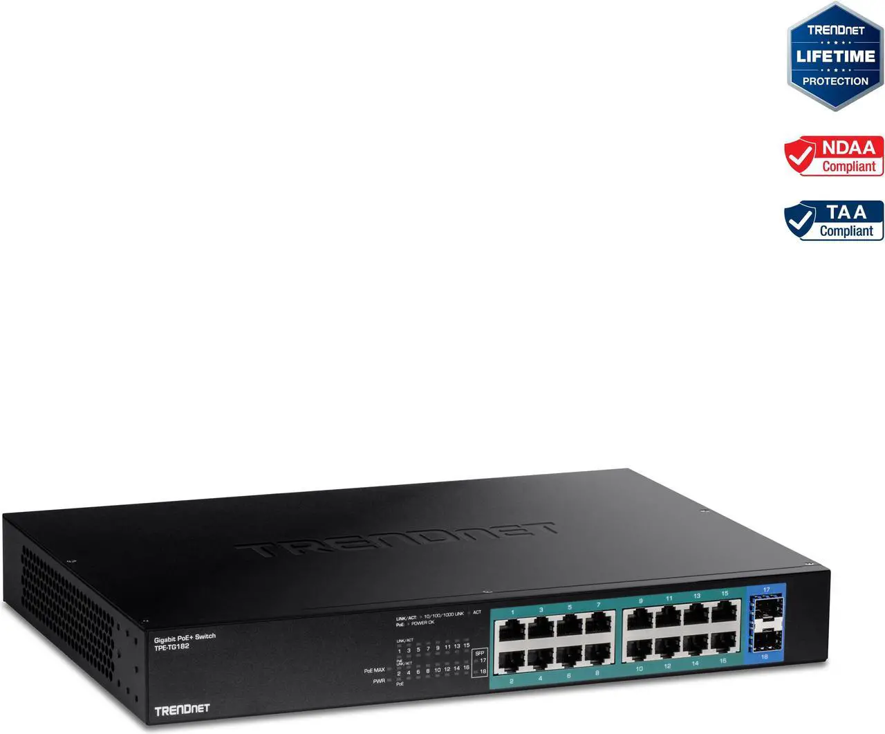 Main image of TRENDnet 18-Port Gigabit PoE+ Switch, 16 x 30W PoE+  Ports, 2 Gigabit SFP Slots, 240W PoE Budget, 36Gbps  Switching Capacity, 1U 19 Rack Mountable, Lifetime  Protection, Black, TPE-TG182
