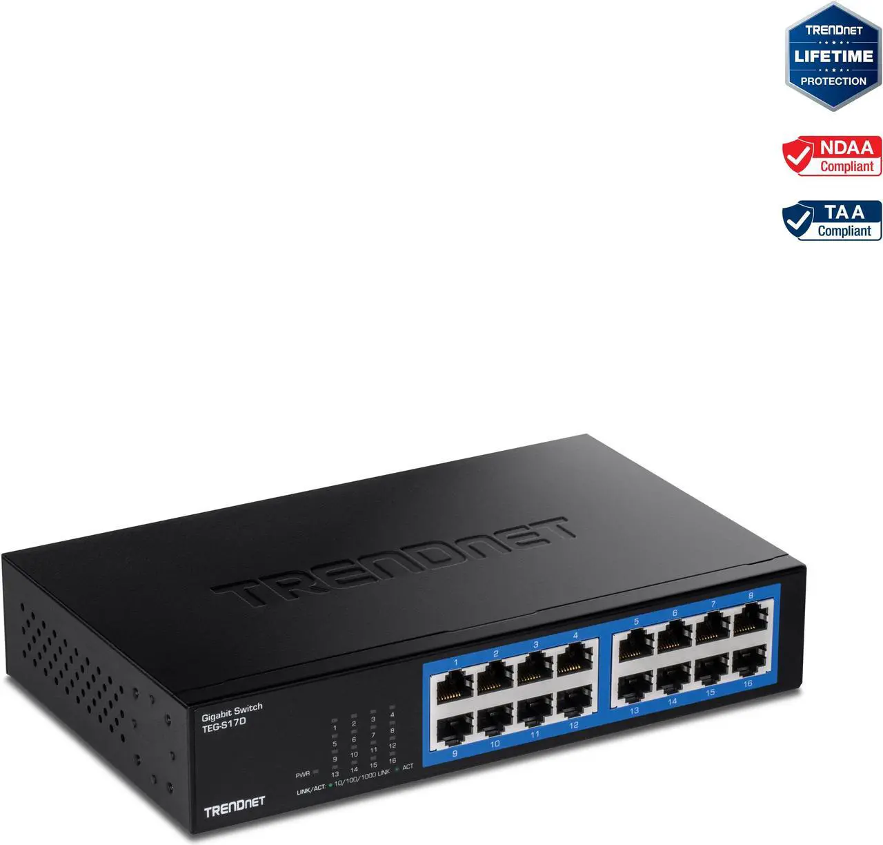 Main image of TRENDnet 16-Port Gigabit Desktop Switch, TEG-S17D, 16 x Gigabit RJ-45 Ports, 32Gbps Switching Capacity, Ethernet Splitter, NDAA & TAA Compliant, Internal Power Supply, Lifetime Protection, Black