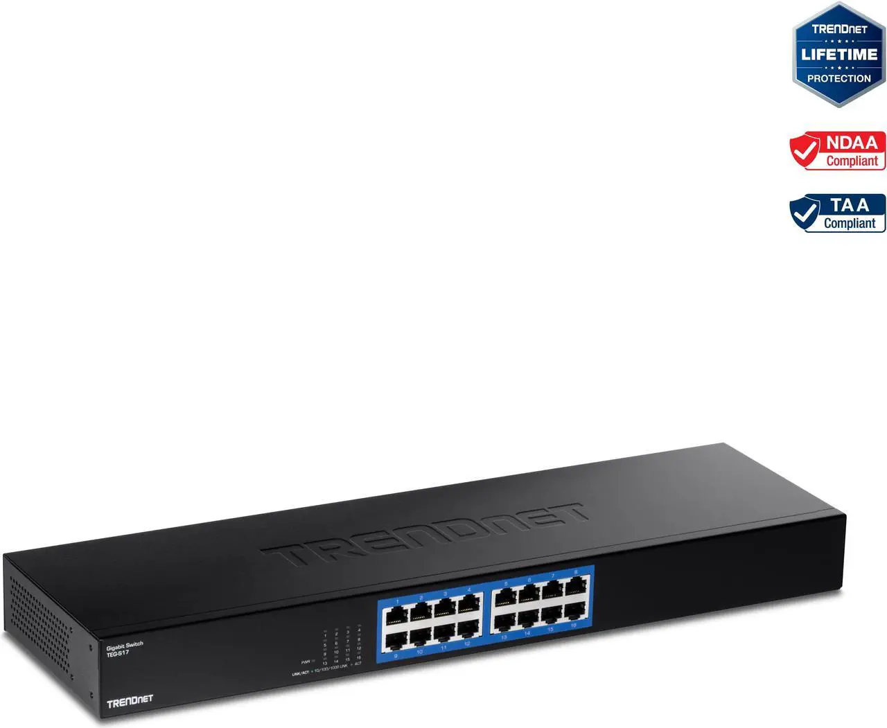 Main image of TRENDnet 16-Port Gigabit Switch, TEG-S17, 16 x Gigabit RJ-45 Ports, 32Gbps Switching Capacity, Fanless Design, Metal Enclosure, Internal Power Supply, Lifetime Protection, Black