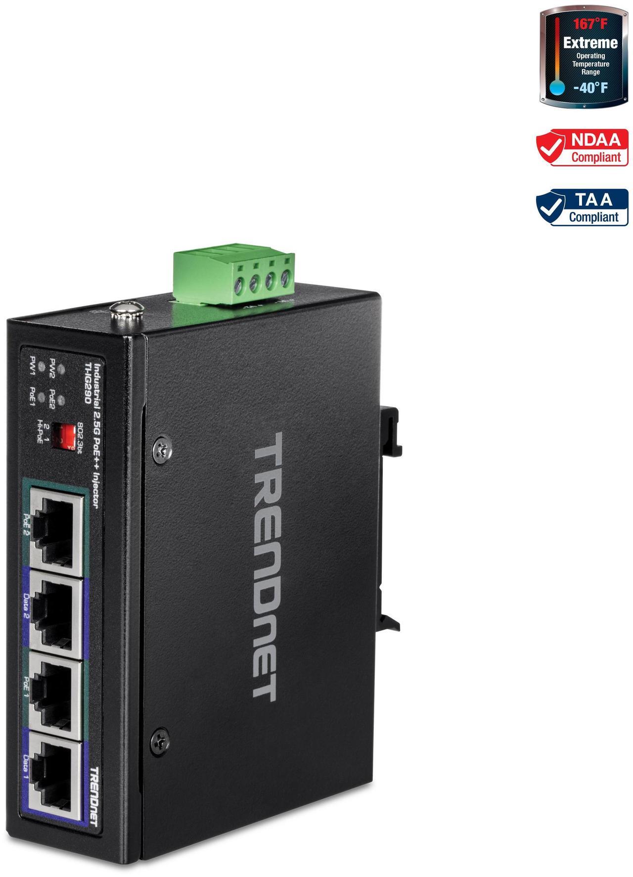 Main image of TRENDnet 95W 2-Port Industrial 2.5G PoE++ Injector,  Supports PoE IEEE 802.3af, PoE+ IEEE 802.3at, And PoE++  IEEE 802.3bt, Not Compatible With Passive PoE Devices,  Black, TI-IG290
