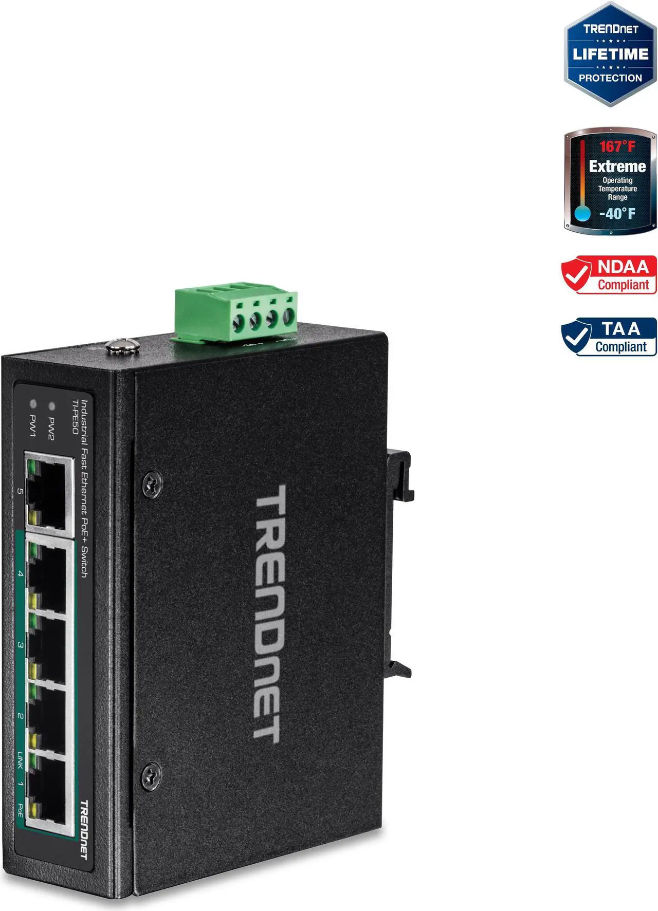 Alt view image 5 of 19 - TRENDnet 5-Port Industrial Fast Ethernet DIN-Rail Switch, 4 x Fast Ethernet PoE+ Ports, 1 x Fast Ethernet Port, 90W PoE Power Budget, DIN-Rail, IP30 Rated, Black, TI-PE50