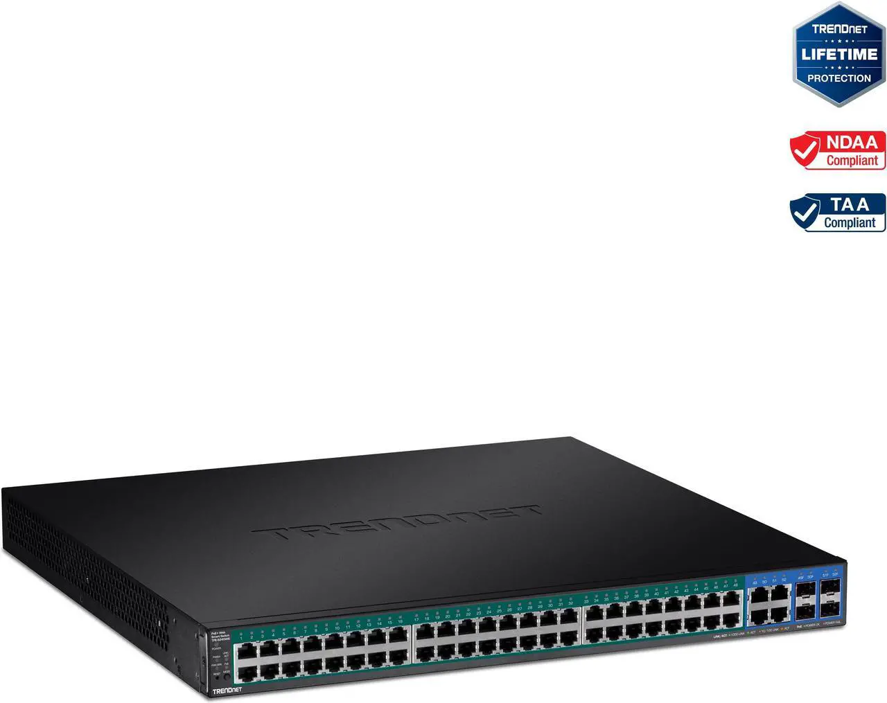 Main image of TRENDnet 52-Port Gigabit Web Smart PoE+ Switch, 48 Gigabit PoE+ Ports, 4 Shared Gigabit Ports (RJ-45 Or SFP), 370W PoE Power Budget, 104Gbps Switching Capacity, Lifetime Protection, Black, TPE-5240WS