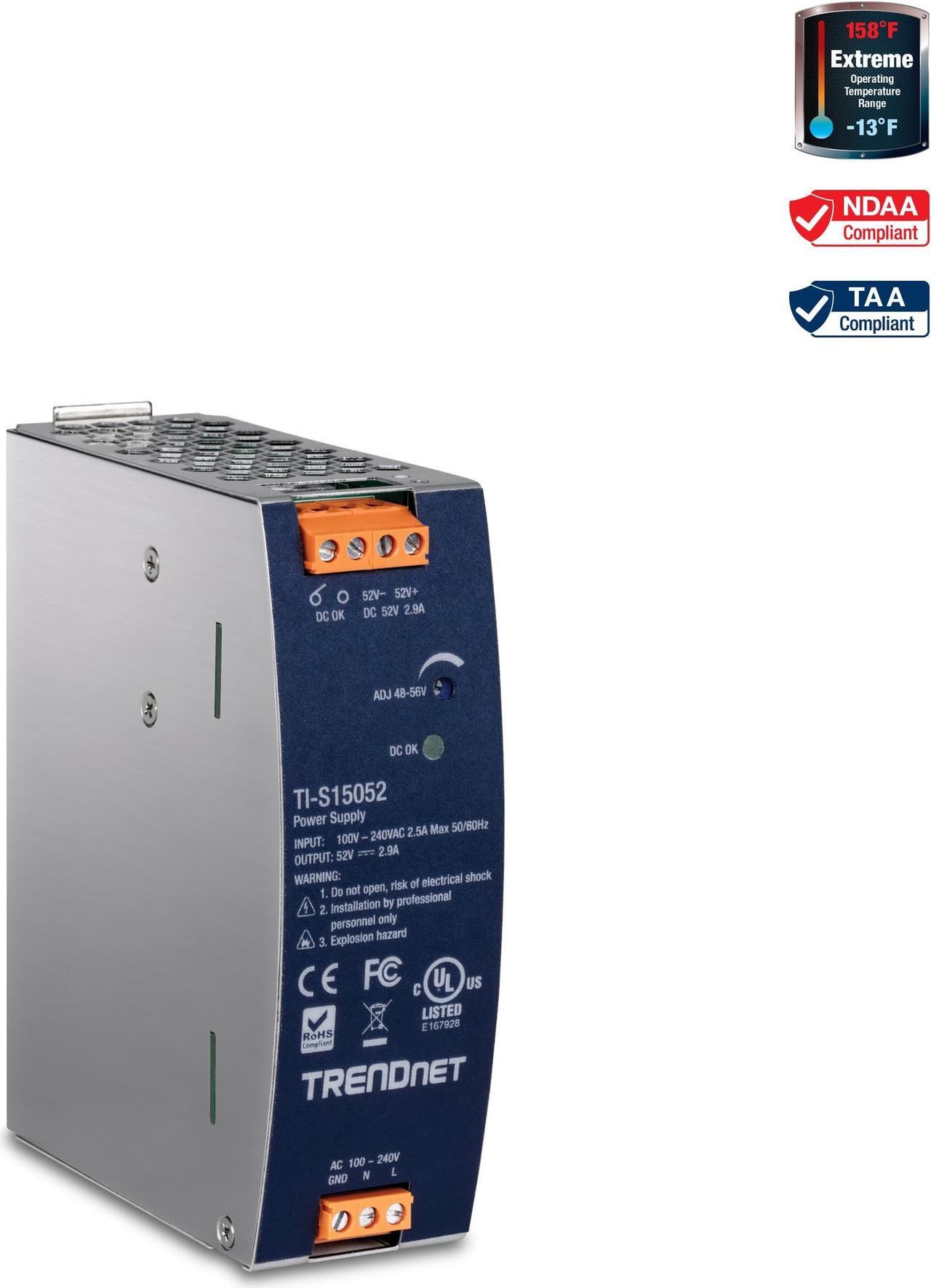 Main image of TRENDnet TI-S15052, 150W, 52V DC, 2.89A AC to DC DIN-Rail Power Supply with PFC Function