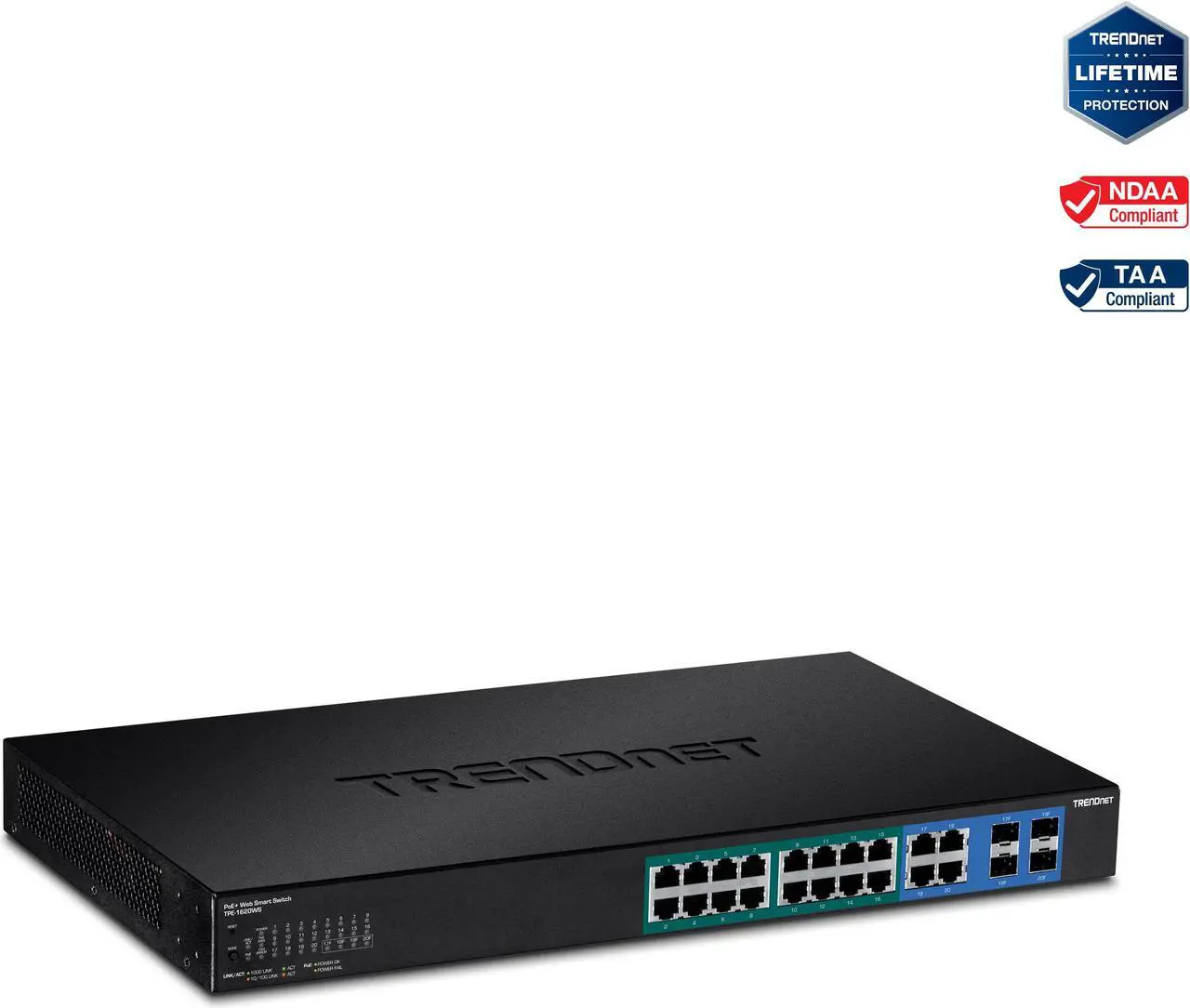 Alt view image 6 of 20 - TRENDnet 20-Port Gigabit PoE+ Web Smart PoE+ Switch, 16 x Gigabit PoE+ Ports, 4 x Shared Gigabit Ports, Up To 30W Per Port, 185W Total Power Budget, Rack Mountable, Black, TPE-1620WS