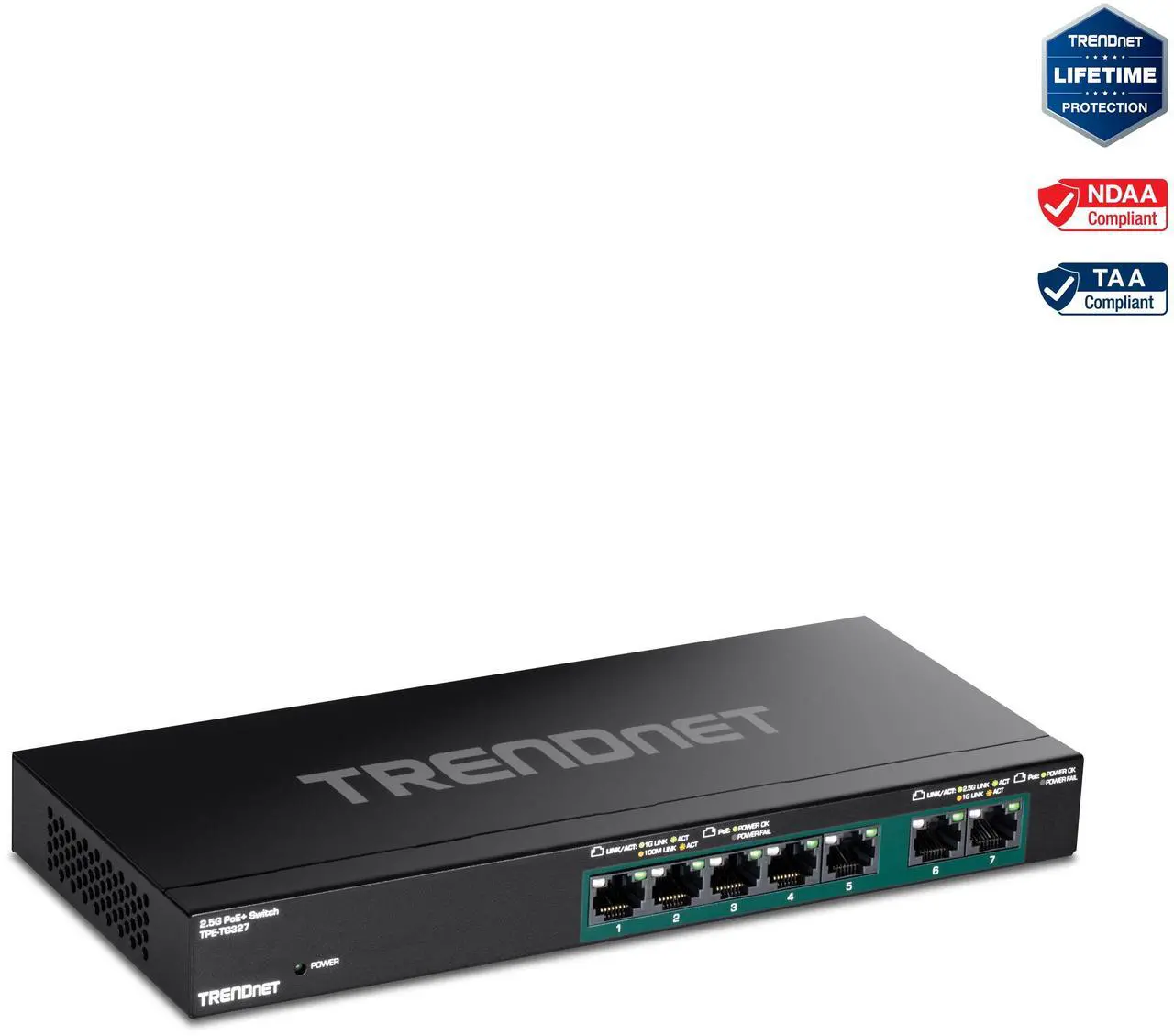 Main image of TRENDnet 7-Port Multi-Gig PoE+ Switch, 5 x 1G RJ-45 PoE+ BASE-T Ports, 2 x 2.5G RJ-45 PoE+ Ports, 20Gbps Switching Capacity, Network Ethernet Switch, Lifetime Protection, Black, TPE-TG3