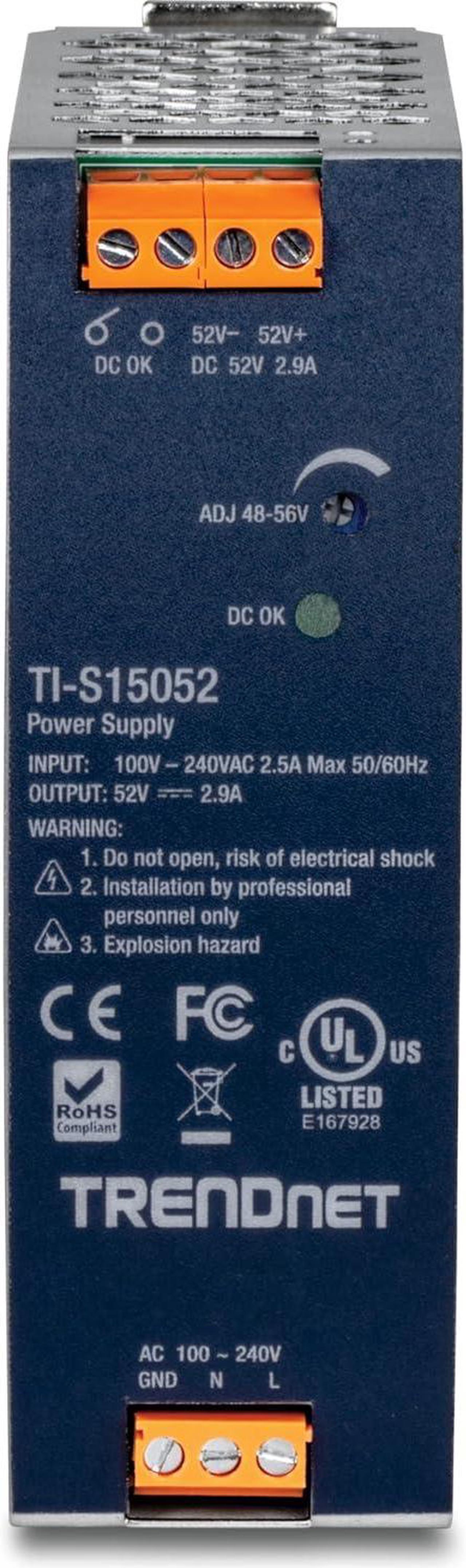 Alt view image 2 of 12 - TRENDnet TI-S15052, 150W, 52V DC, 2.89A AC to DC DIN-Rail Power Supply with PFC Function
