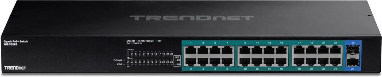 Alt view image 2 of 5 - TRENDnet 26-Port Gigabit PoE+ Switch, 24 x 30W PoE+ Ports, 2 Gigabit SFP Slots, 380W PoE Budget, 52Gbps Switching Capacity, 1U 19 Rack Mountable, Lifetime Protection, Black, TPE-TG262