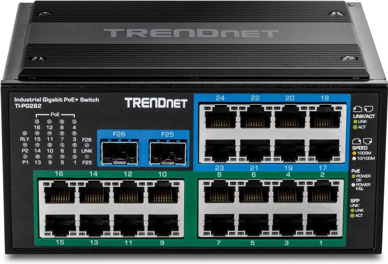 Alt view image 7 of 7 - TRENDnet 26-Port Hardened Industrial Unmanaged Gigabit DIN-Rail Switch, TI-PG262, 16 x Gigabit PoE+ Ports, 8 x Gigabit RJ-45 Ports, 2 x SFP Ports, IP30, Lifetime Protection, Black