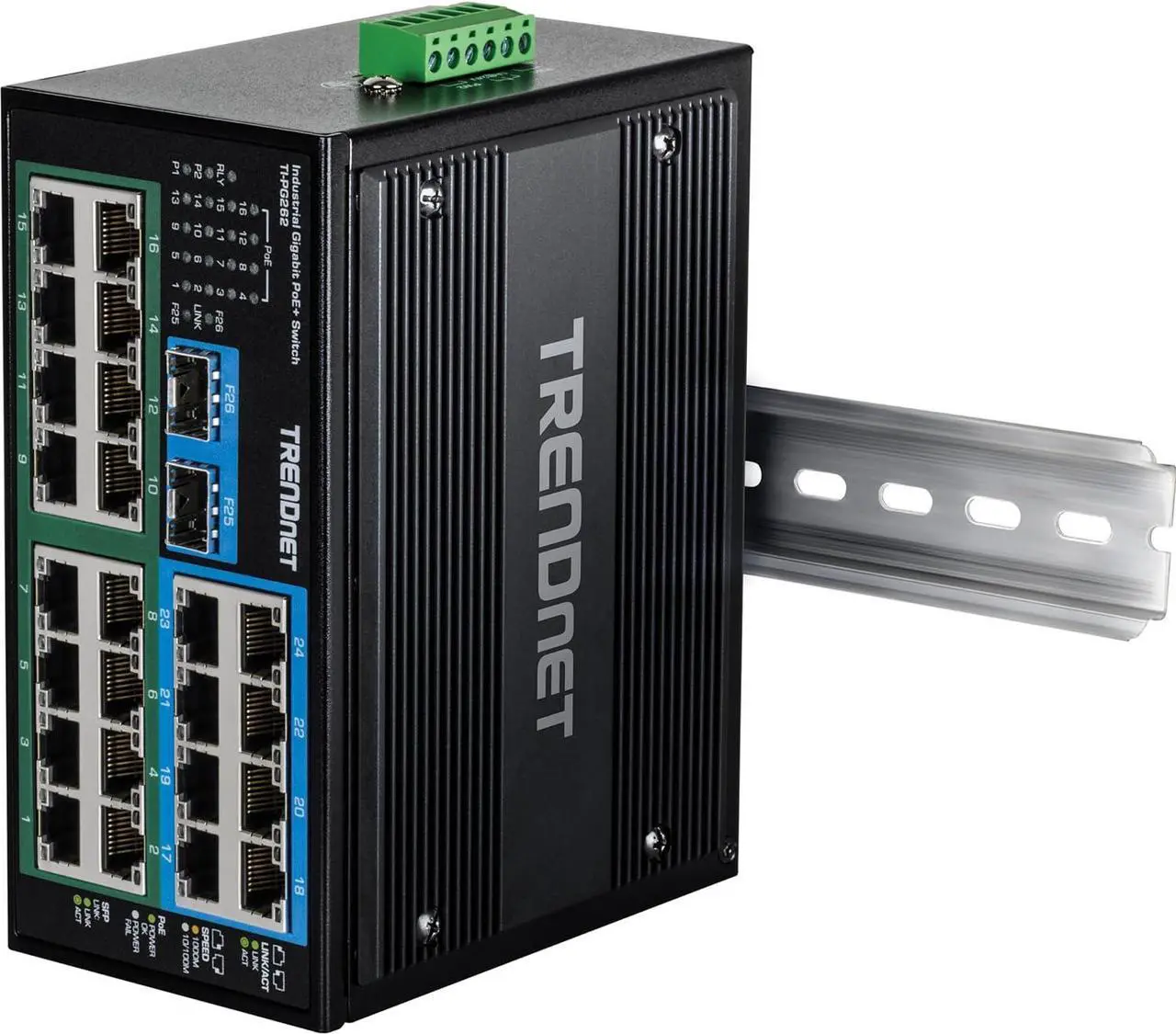 Alt view image 4 of 7 - TRENDnet 26-Port Hardened Industrial Unmanaged Gigabit DIN-Rail Switch, TI-PG262, 16 x Gigabit PoE+ Ports, 8 x Gigabit RJ-45 Ports, 2 x SFP Ports, IP30, Lifetime Protection, Black