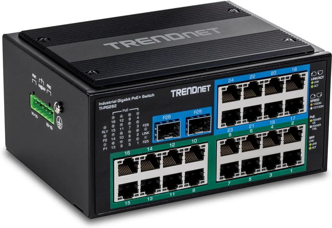 Alt view image 5 of 7 - TRENDnet 26-Port Hardened Industrial Unmanaged Gigabit DIN-Rail Switch, TI-PG262, 16 x Gigabit PoE+ Ports, 8 x Gigabit RJ-45 Ports, 2 x SFP Ports, IP30, Lifetime Protection, Black