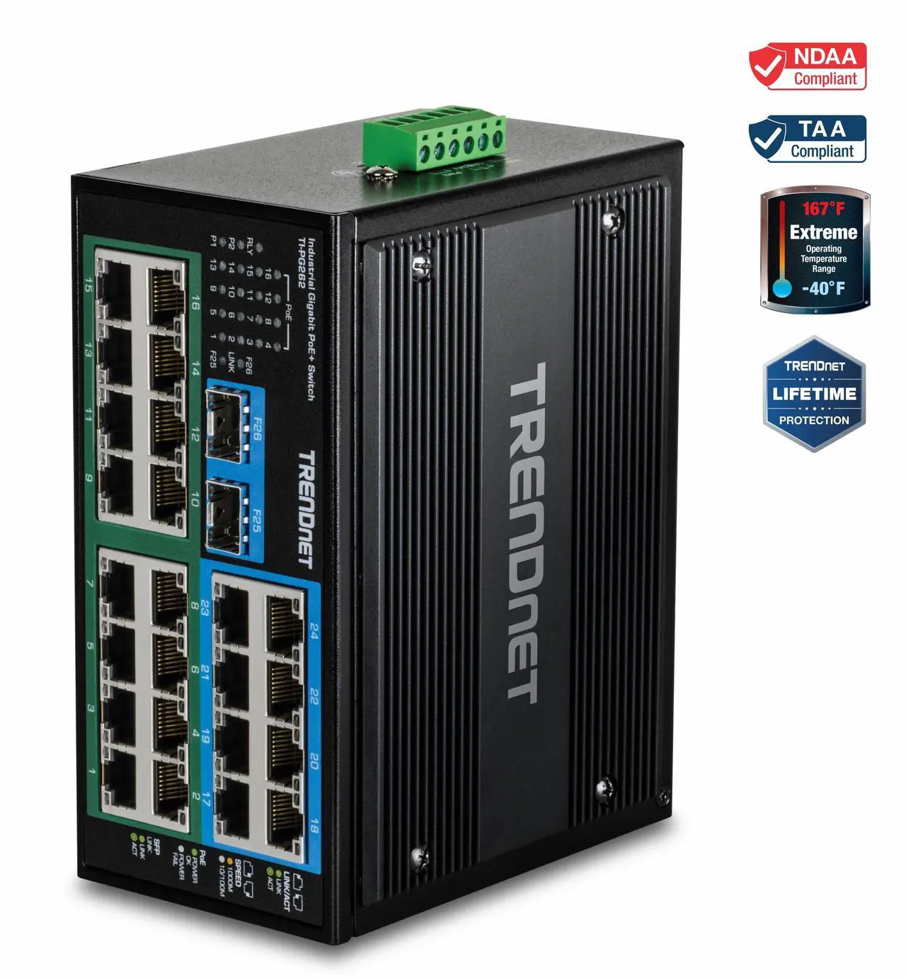Main image of TRENDnet 26-Port Hardened Industrial Unmanaged Gigabit DIN-Rail Switch, TI-PG262, 16 x Gigabit PoE+ Ports, 8 x Gigabit RJ-45 Ports, 2 x SFP Ports, IP30, Lifetime Protection, Black