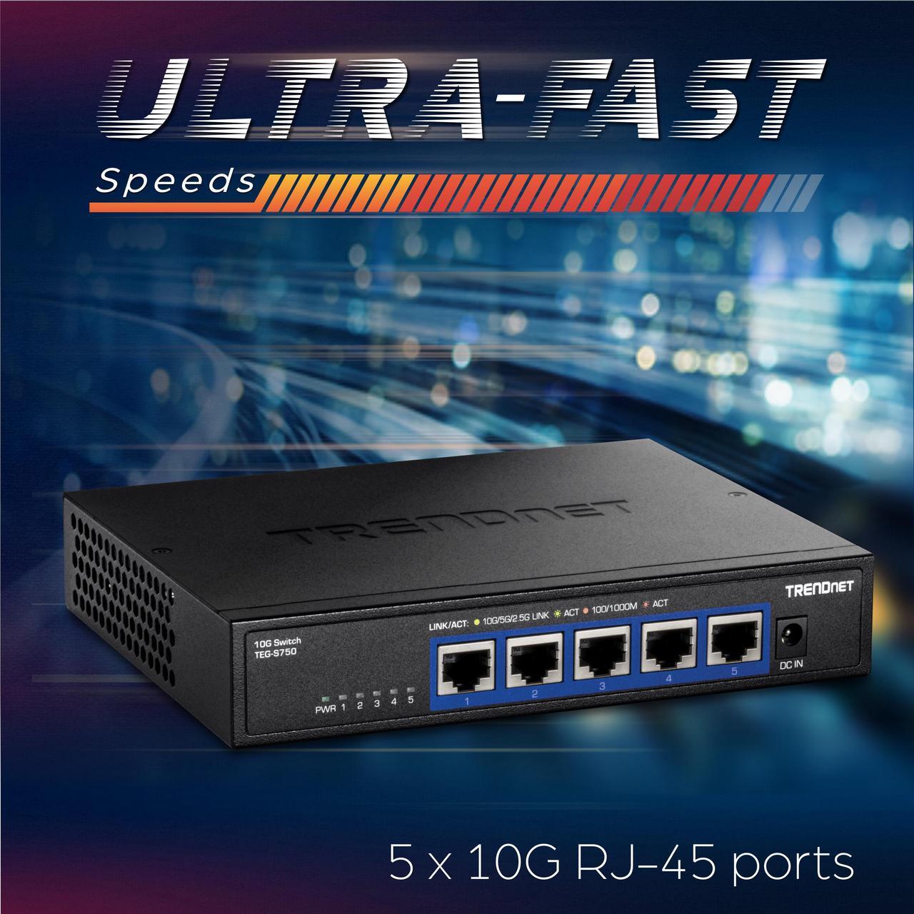 Alt view image 7 of 7 - TRENDnet 5-Port 10G Switch, TEG-S750, 5 x 10G RJ-45 Ports, 100Gbps Switching Capacity, Supports 2.5G and 5G-Base-T Connections, Ethernet Splitter, NDAA & TAA Compliant, Lifetime Protection, Black
