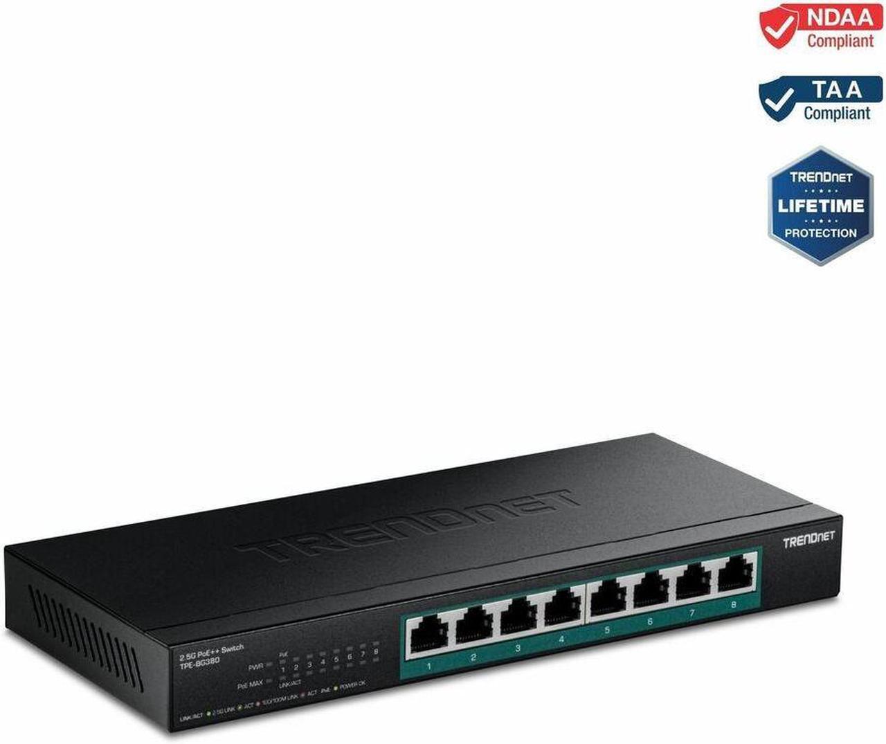 Main image of TRENDnet 8-Port 2.5G PoE++ Switch, TPE-BG380, 8 x 2.5GB PoE++ Ports, 230W Poe Power Budget, 40Gbps Switching Capacity, NDAA + TAA Compliant, Lifetime TRENDnet Protection