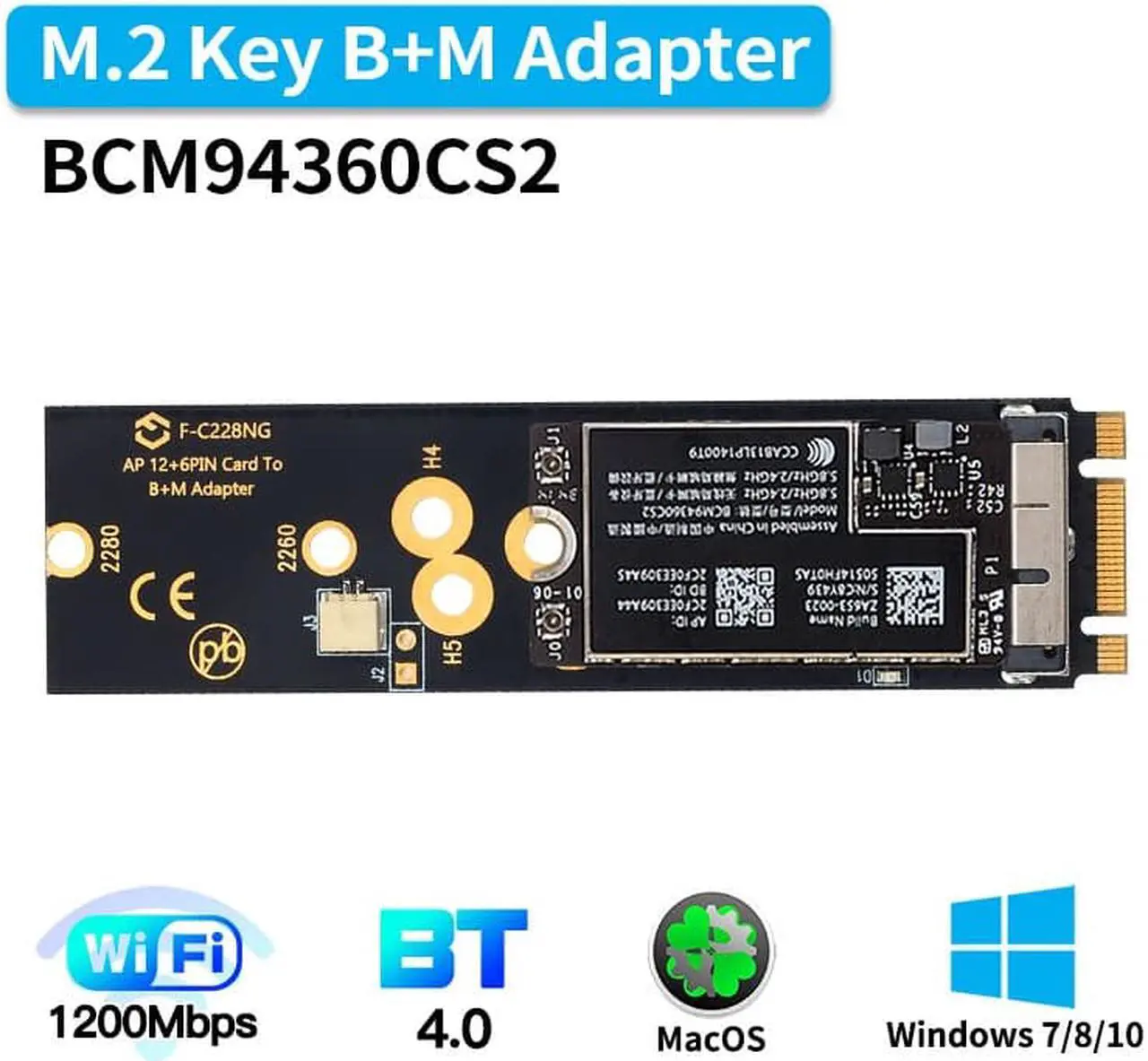 Alt view image 2 of 7 - Weastlinks Wireless BCM94360CS2 PCIE BT2 12+6 Pin Bluetooth WiFi Card Module to M.2 NGFF Key B+M Adapter for Mac OS