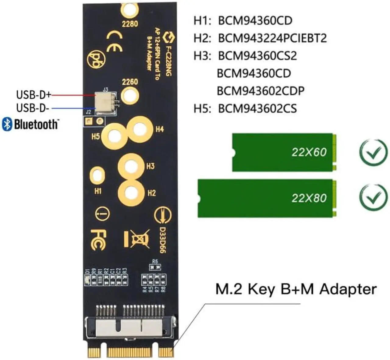 Alt view image 3 of 7 - Weastlinks Wireless BCM94360CS2 PCIE BT2 12+6 Pin Bluetooth WiFi Card Module to M.2 NGFF Key B+M Adapter for Mac OS