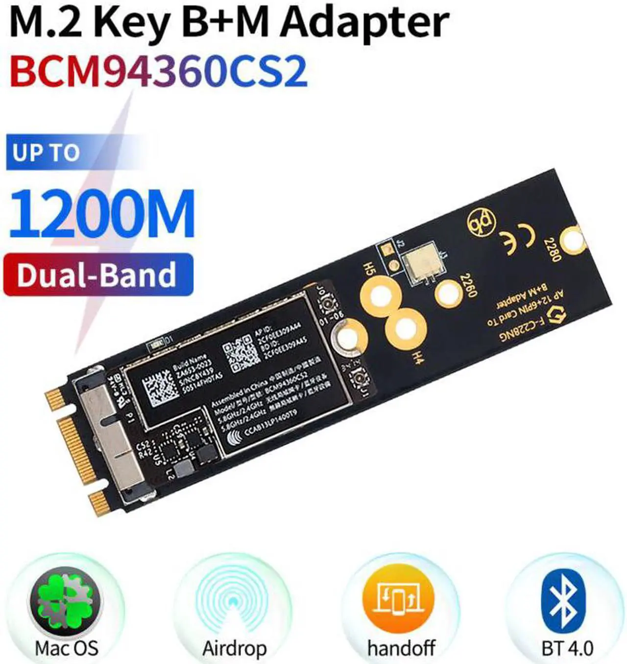 Main image of Weastlinks Wireless BCM94360CS2 PCIE BT2 12+6 Pin Bluetooth WiFi Card Module to M.2 NGFF Key B+M Adapter for Mac OS