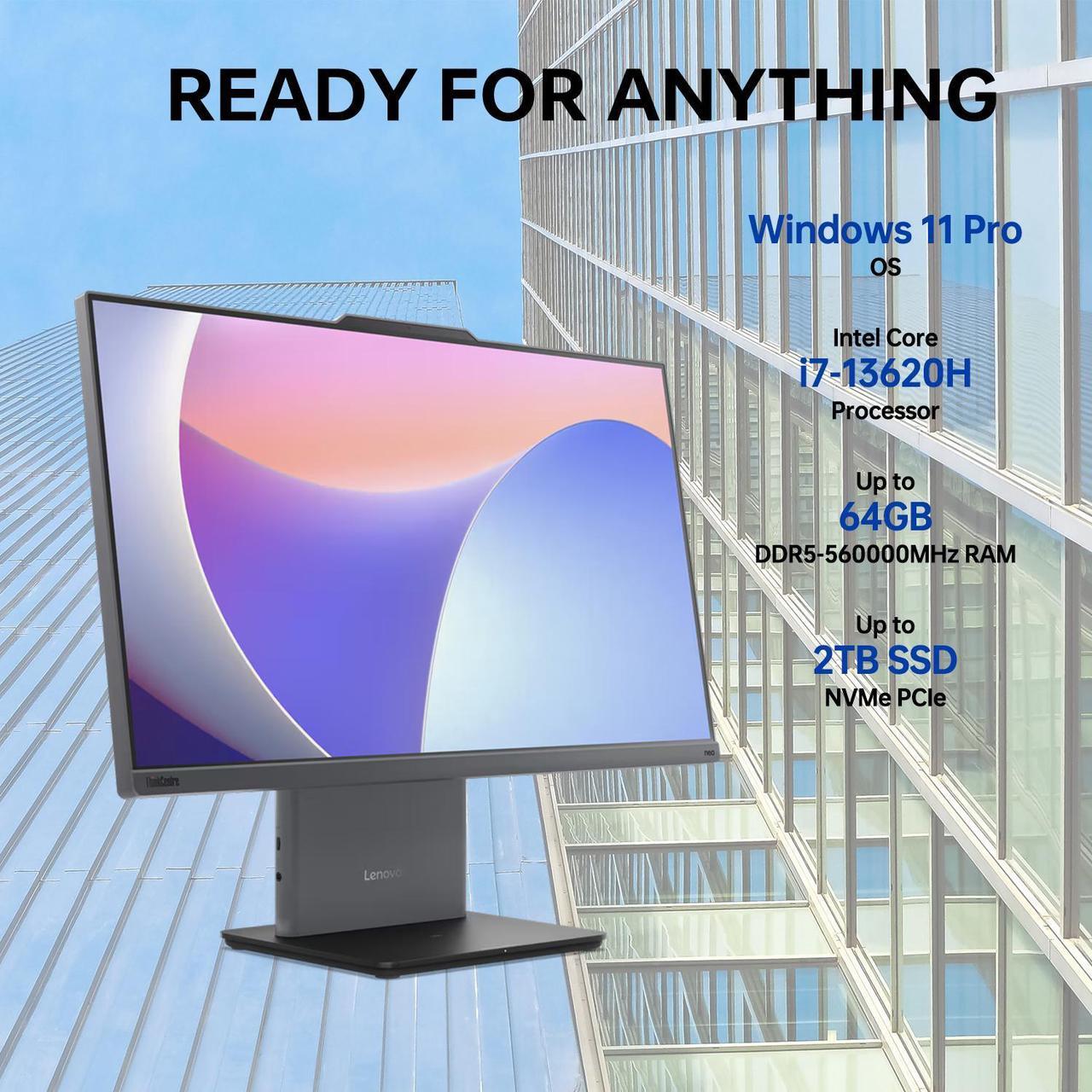 Alt view image 2 of 5 - Lenovo ThinkCentre Neo 50a Business All-in-One, 23.8" FHD Anti-Glare Display, Intel Core i7-13620H, 16GB DDR5 RAM, 512GB SSD, Wired KB & Mouse, HDMI, RJ-45, Webcam, Wi-Fi 6, Windows 11 Pro, Black