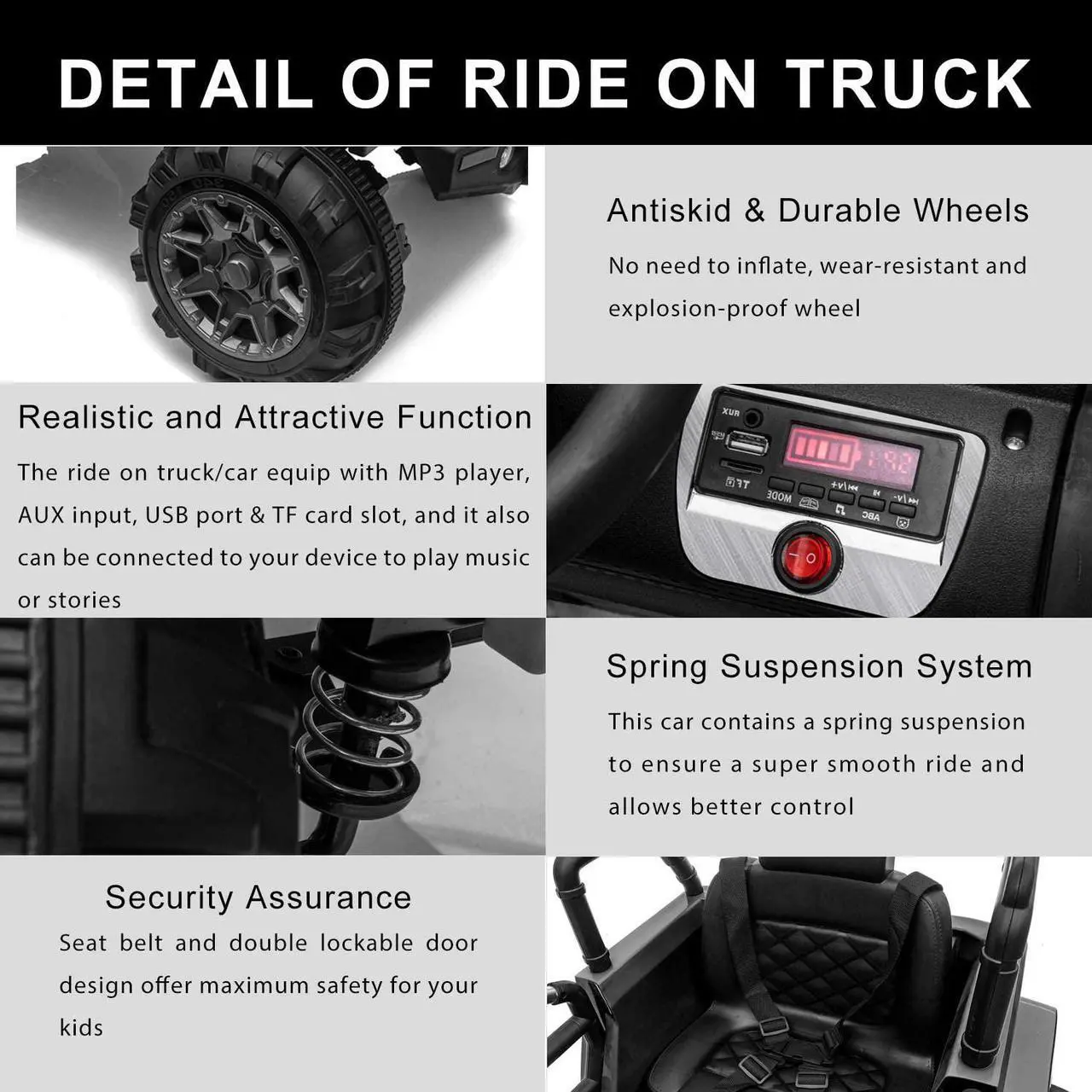 Alt view image 4 of 7 - OUTTOY Kids Ride on Truck, Children Electric Ride on Car w/Parent Remote Control, 12V Battery Powered Driving Trucks Cars for Boys and Girls, Spring Suspension, MP3 Player(Black)