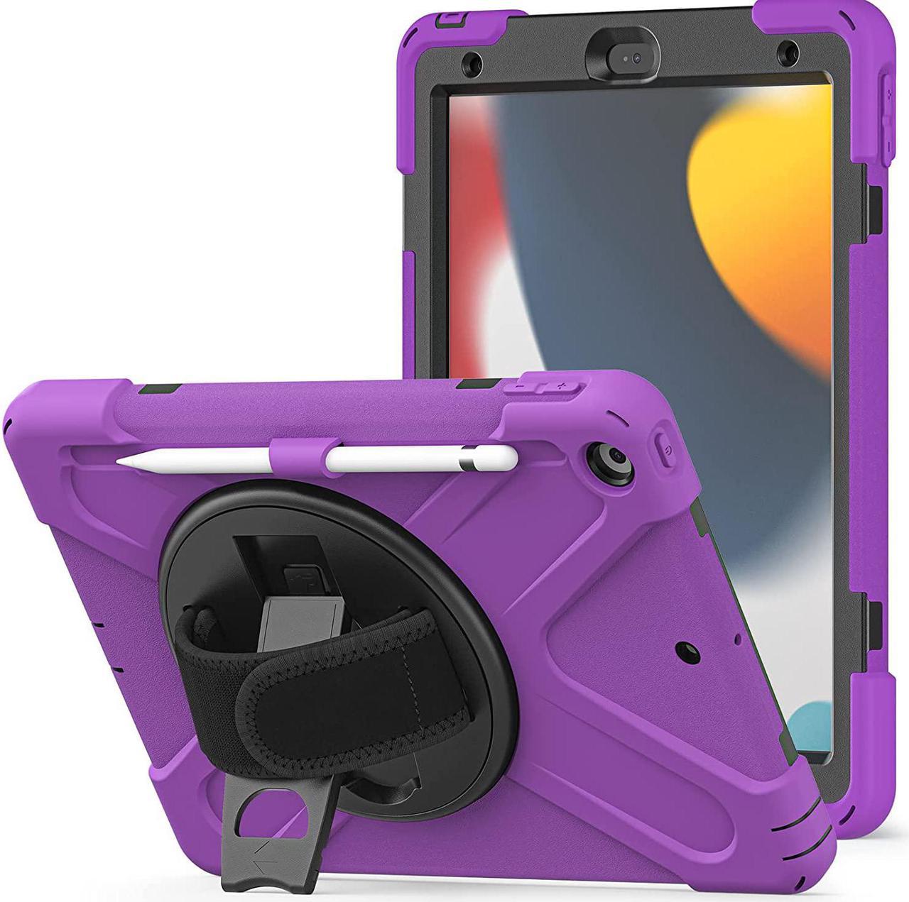 iPad 10.2 9th Generation Case, Shockproof Heavy Duty, Kickstand, Handstrap, Carrying Sling Strap, Pencil Holder, Cover for Apple iPad 10.2 inch 9th 8th 7th Gen 2021/2020/2019 Shield Purple