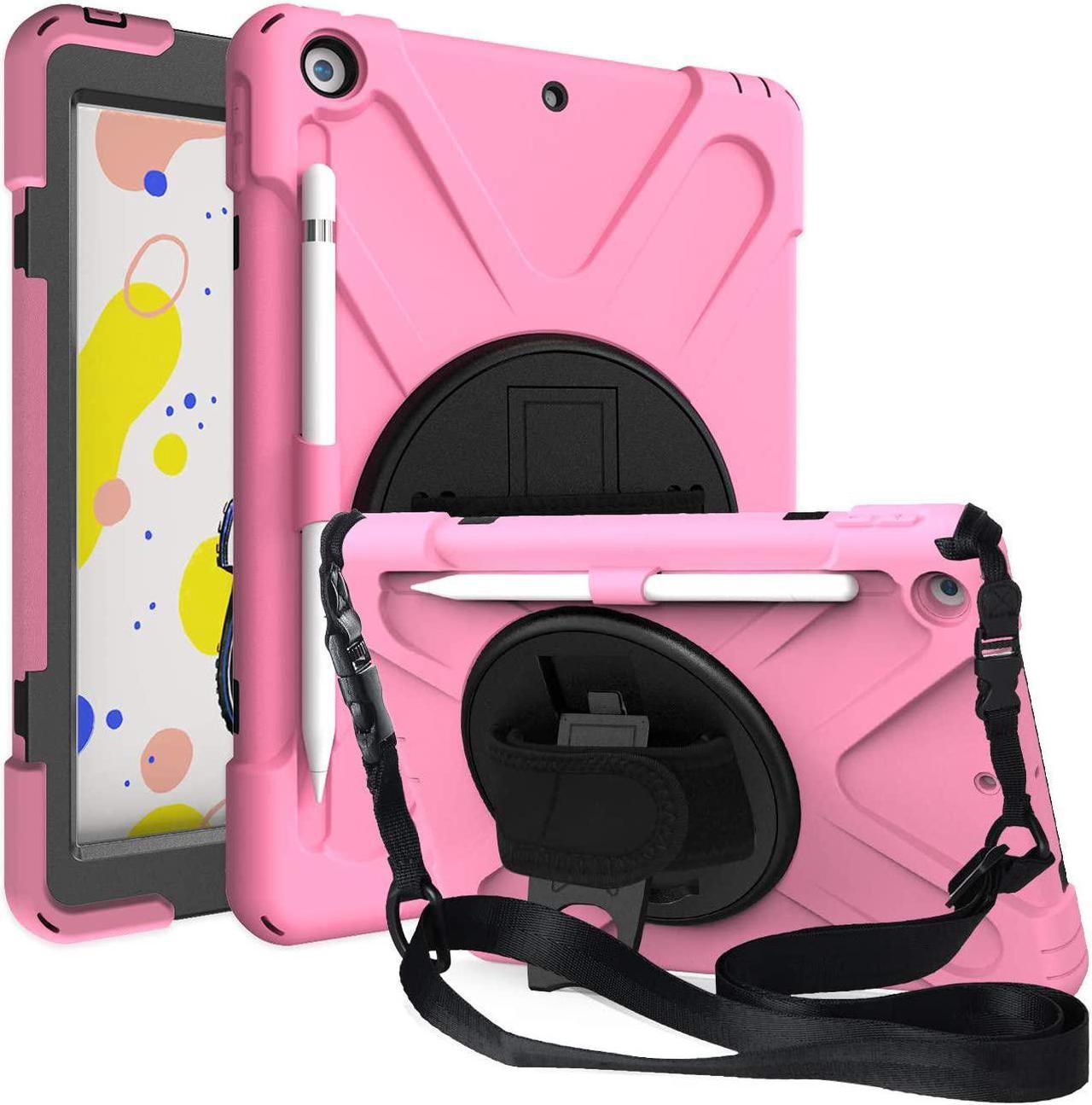 iPad 10.2 9th 8th 7th Gen Case, Shockproof Heavy Duty Rugged Stand Pencil Holder Carrying Strap Sling for Apple iPad 10.2 inch 2021/2020/2019 [Shield Light Pink]