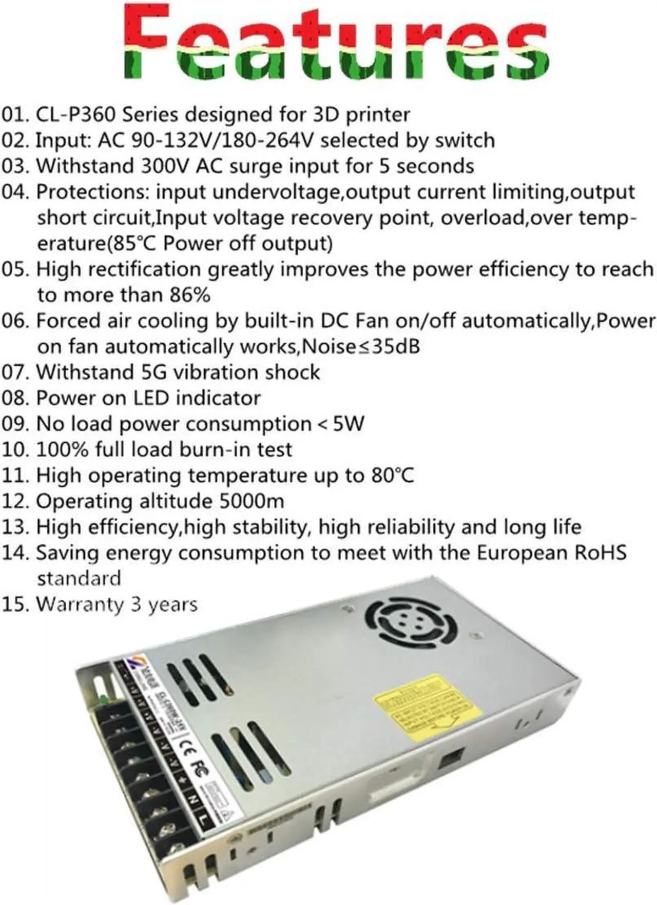Alt view image 4 of 7 - Chengliang Power Supplys 24v 15a 360w Dc Original Ender 3 Pro 3D Printer Switching Power Supply