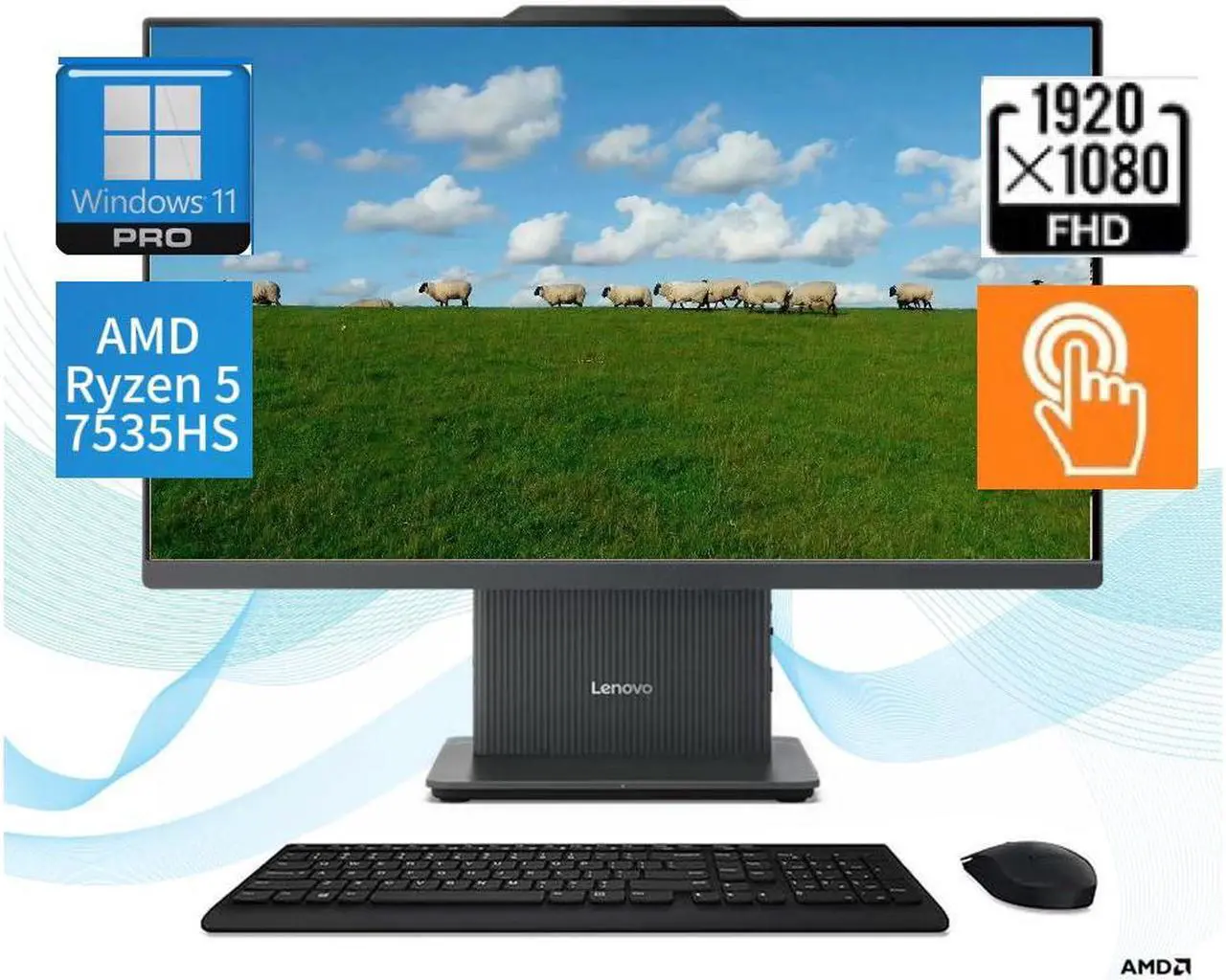 Main image of Lenovo IdeaCentre AIO Desktop,23.8" FHD Touch,AMD Ryzen 5 7535HS Processor,Wi-Fi 6 and Bluetooth 5.2,16GB RAM,512 GB SSD,Windows 11 Pro