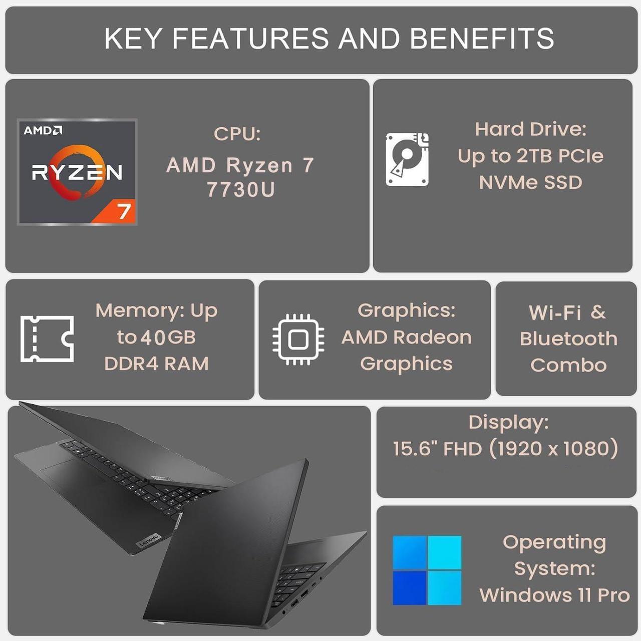 Alt view image 4 of 5 - Lenovo V15 15.6 FHD Business Laptop - AMD Ryzen 7 7730U - 24 GB RAM - 2 TB PCIe SSD - WiFi6 and Bluetooth 5.2 - Win 11 Pro