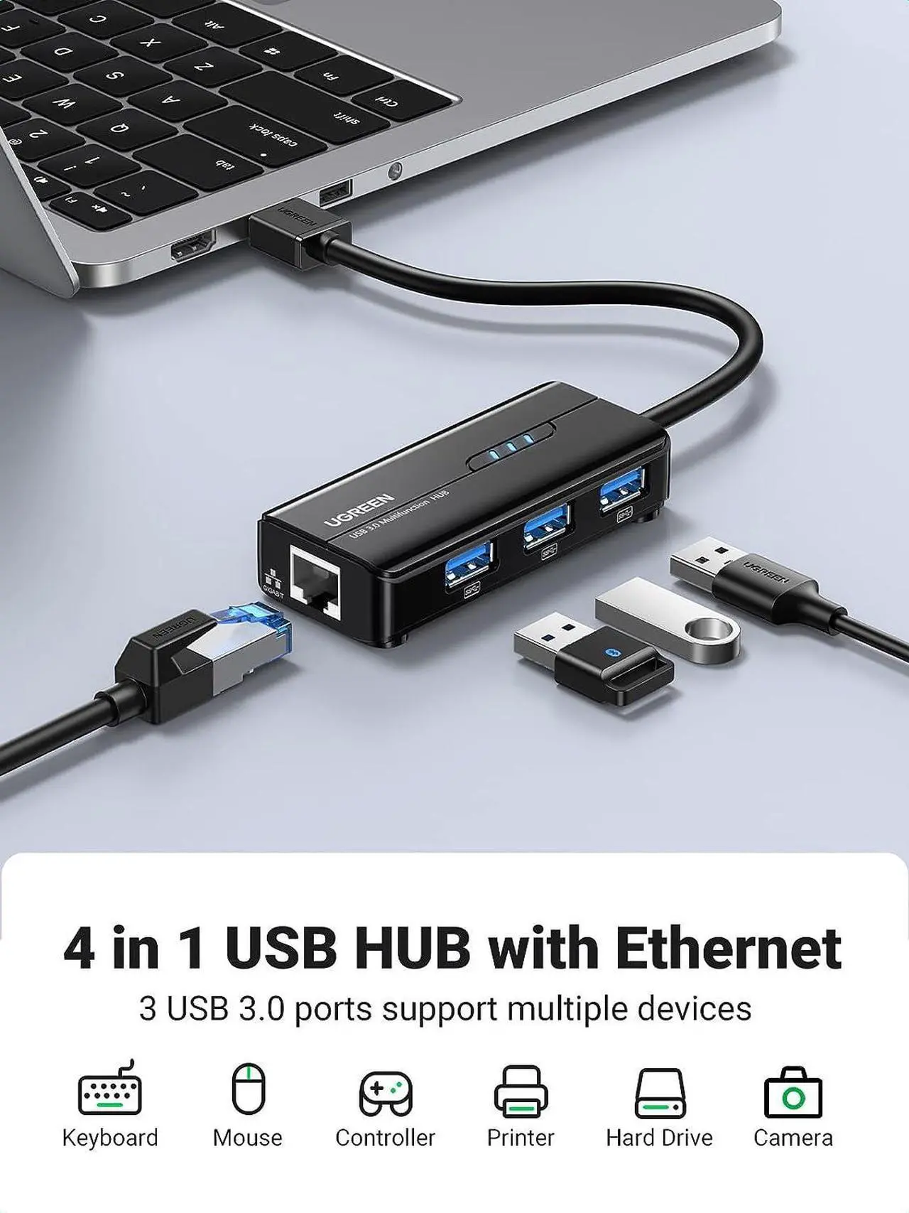 Alt view image 2 of 7 - UGREEN USB 3.0 Hub Ethernet Adapter 10 100 1000 Gigabit Network Converter with 3 USB 3.0 Ports Hub Compatible with Laptop PC Nintendo Switch MacBook Mac Mini Surface XPS Windows Linux macOS, and More