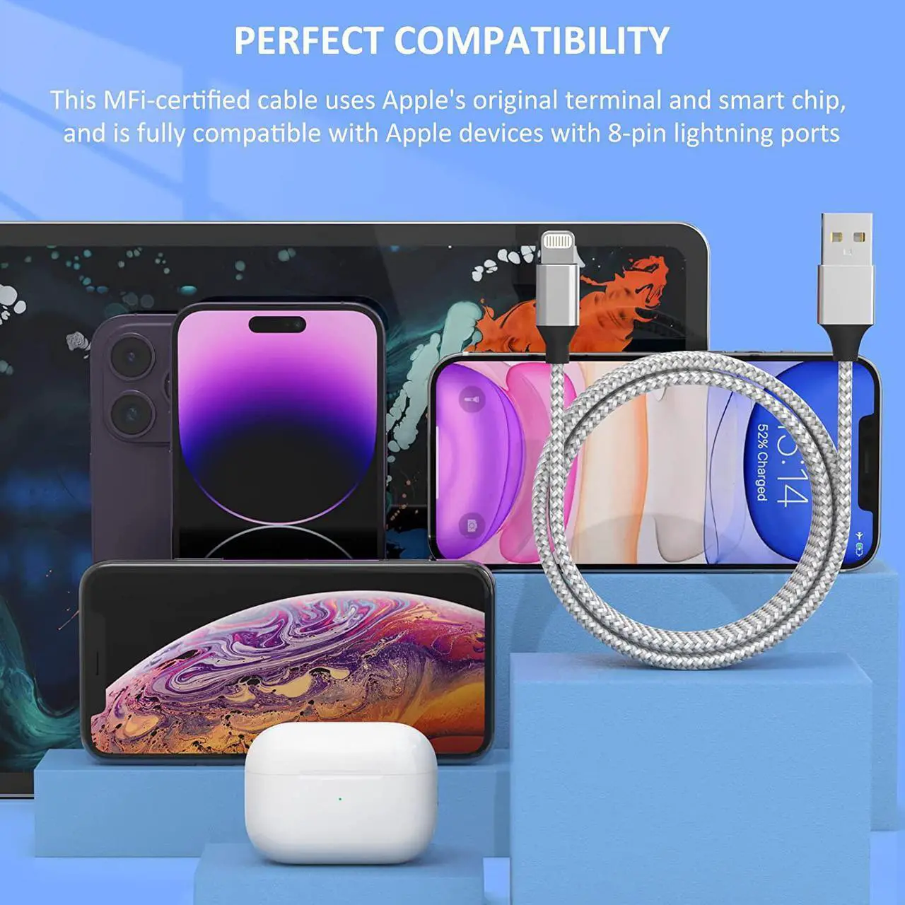 Alt view image 6 of 7 - Lightning Cable [Apple MFi Certified] iPhone Charger 6Pack [3/3/6/6/6/10 Ft] Apple Charging Cable Fast Charging High Speed USB Cable Compatible iPhone 14/13/12/11 Pro Max/XS MAX/XR/XS/8-Silver&Grey