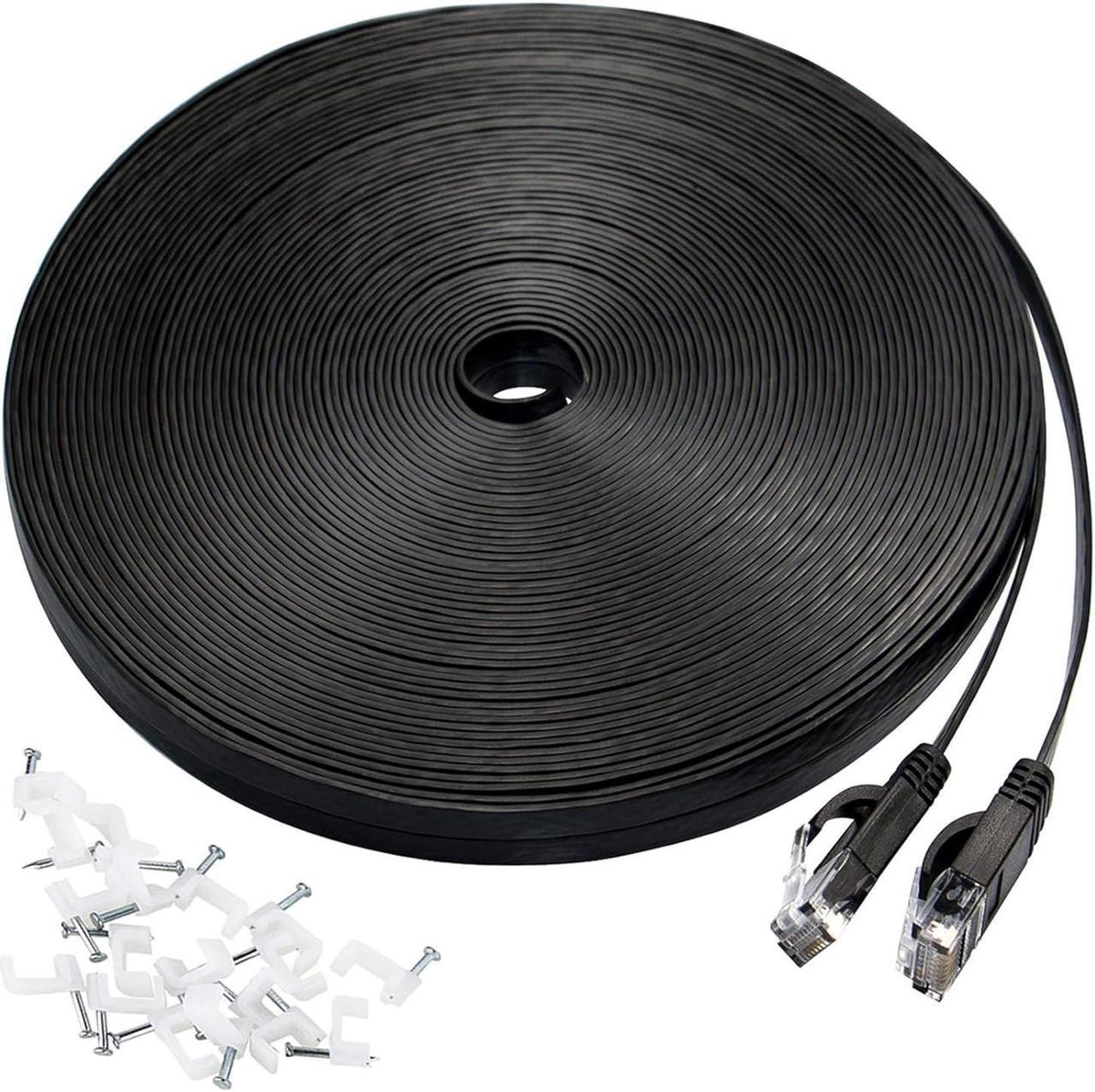 Main image of DEEGO Cat 6 Ethernet Cable 50 ft, Flat Wire LAN Rj45 High Speed Internet Network Cable Slim with Clips, Faster Than Cat5e,Cat5 with Snagless Connectors for PS4, Xbox, Switch Boxes, Modem Router,Black