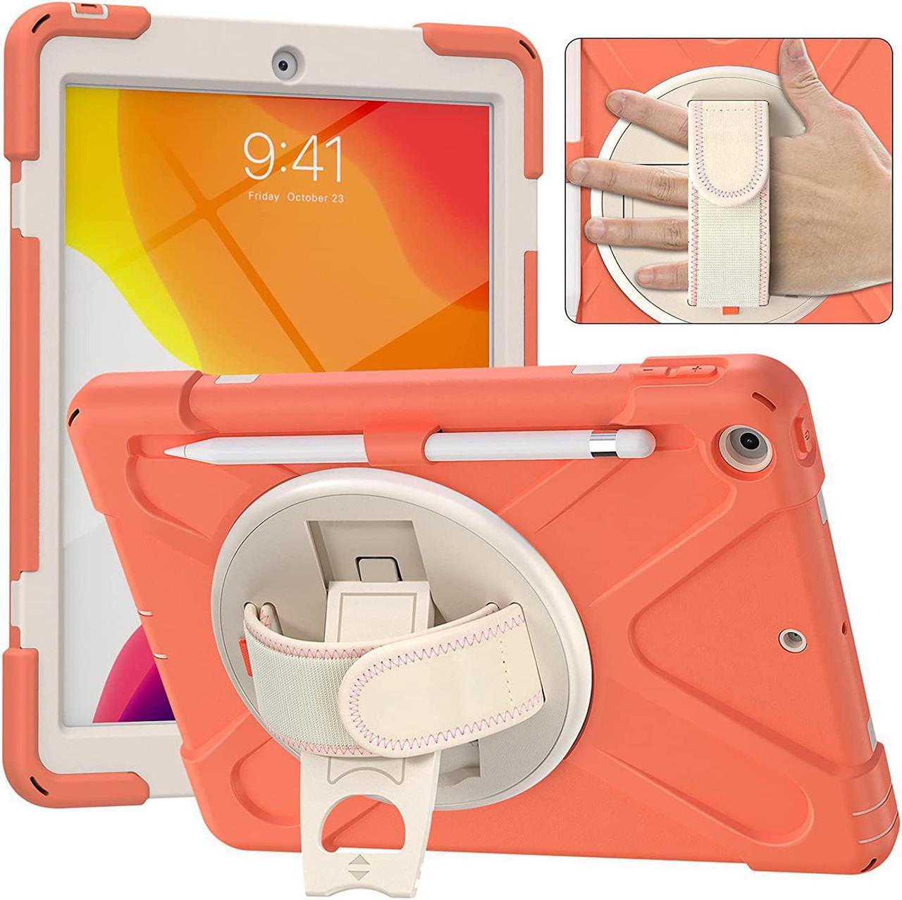 iPad 10.2 9th 8th 7th Gen Case, Shockproof Heavy Duty Rugged Stand Pencil Holder Carrying Strap Sling for Apple iPad 10.2 inch 2021/2020/2019 [Shield Living Coral]