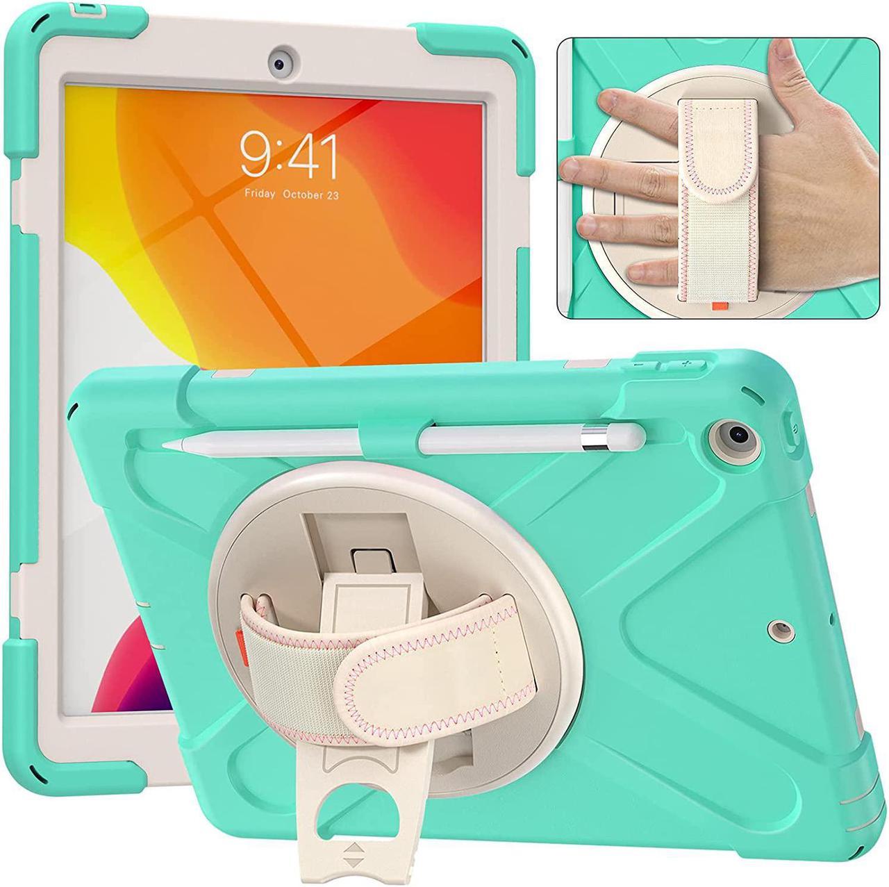 iPad 10.2 9th 8th 7th Gen Case, Shockproof Heavy Duty Rugged Stand Pencil Holder Carrying Strap Sling for Apple iPad 10.2 inch 2021/2020/2019 [Shield Mint Green]