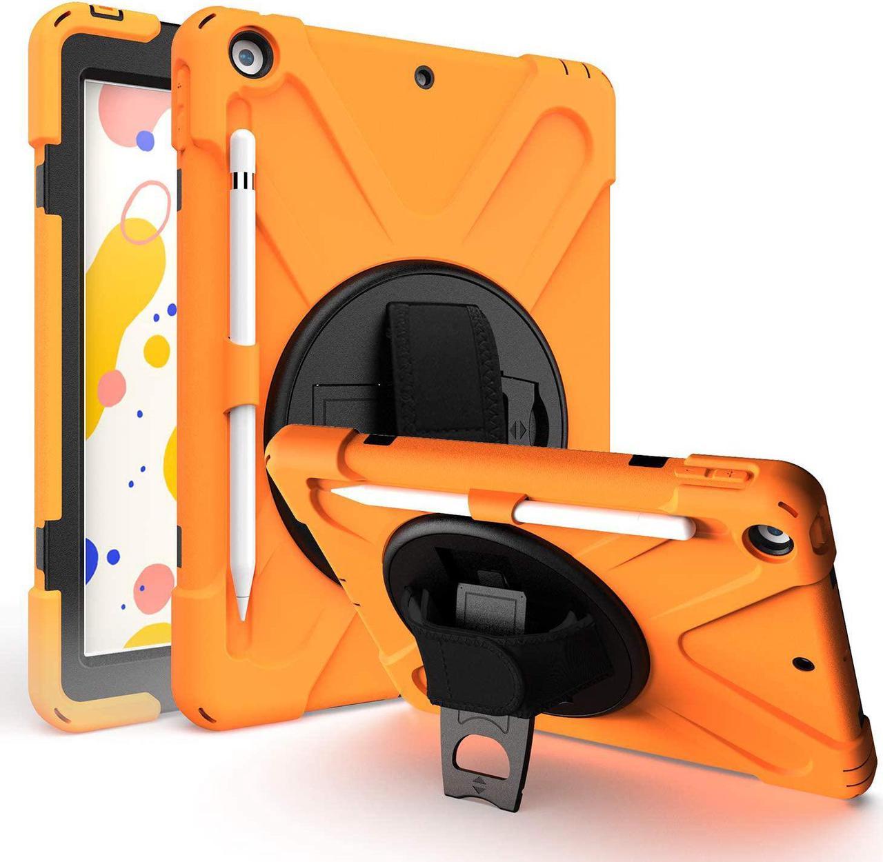 iPad 10.2 9th 8th 7th Gen Case, Shockproof Heavy Duty Rugged Stand Pencil Holder Carrying Strap Sling for Apple iPad 10.2 inch 2021/2020/2019 [Shield Orange]