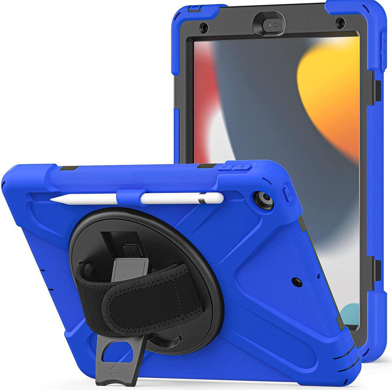 iPad 10.2 9th Generation Case, Shockproof Heavy Duty, Kickstand, Handstrap, Carrying Sling Strap, Pencil Holder, Cover for Apple iPad 10.2 inch 9th 8th 7th Gen 2021/2020/2019 Shield Dark Blue