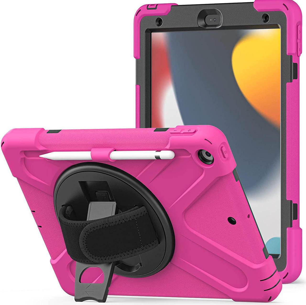 iPad 10.2 9th Generation Case, Shockproof Heavy Duty, Kickstand, Handstrap, Carrying Sling Strap, Pencil Holder, Cover for Apple iPad 10.2 inch 9th 8th 7th Gen 2021/2020/2019 Shield Hot Pink