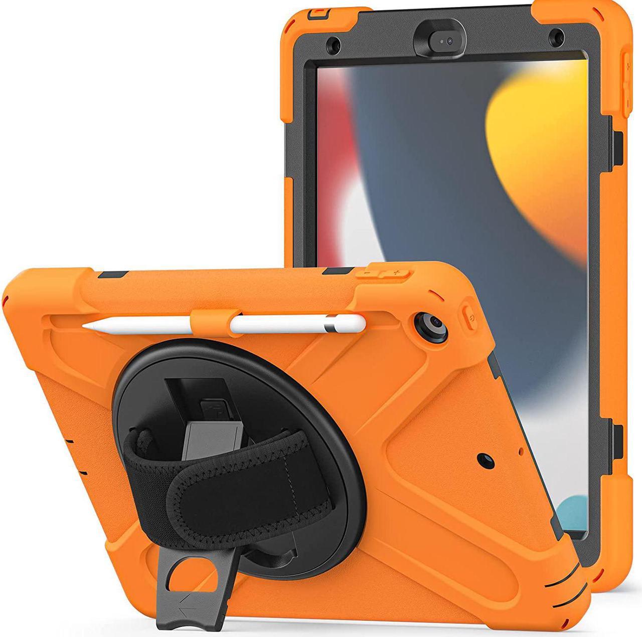 iPad 10.2 9th Generation Case, Shockproof Heavy Duty, Kickstand, Handstrap, Carrying Sling Strap, Pencil Holder, Cover for Apple iPad 10.2 inch 9th 8th 7th Gen 2021/2020/2019 Shield Orange