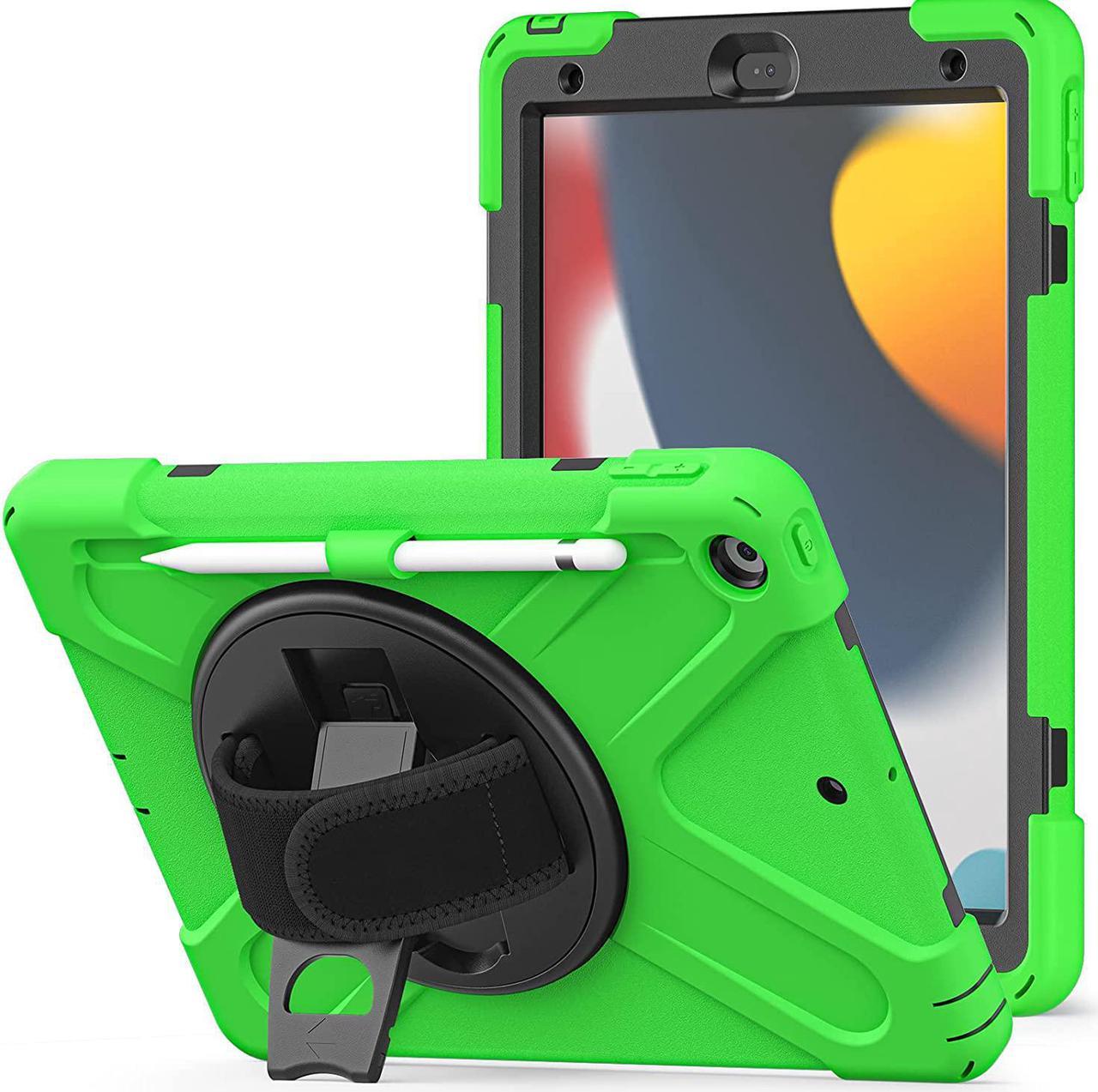 iPad 10.2 9th Generation Case, Shockproof Heavy Duty, Kickstand, Handstrap, Carrying Sling Strap, Pencil Holder, Cover for Apple iPad 10.2 inch 9th 8th 7th Gen 2021/2020/2019 Shield Green