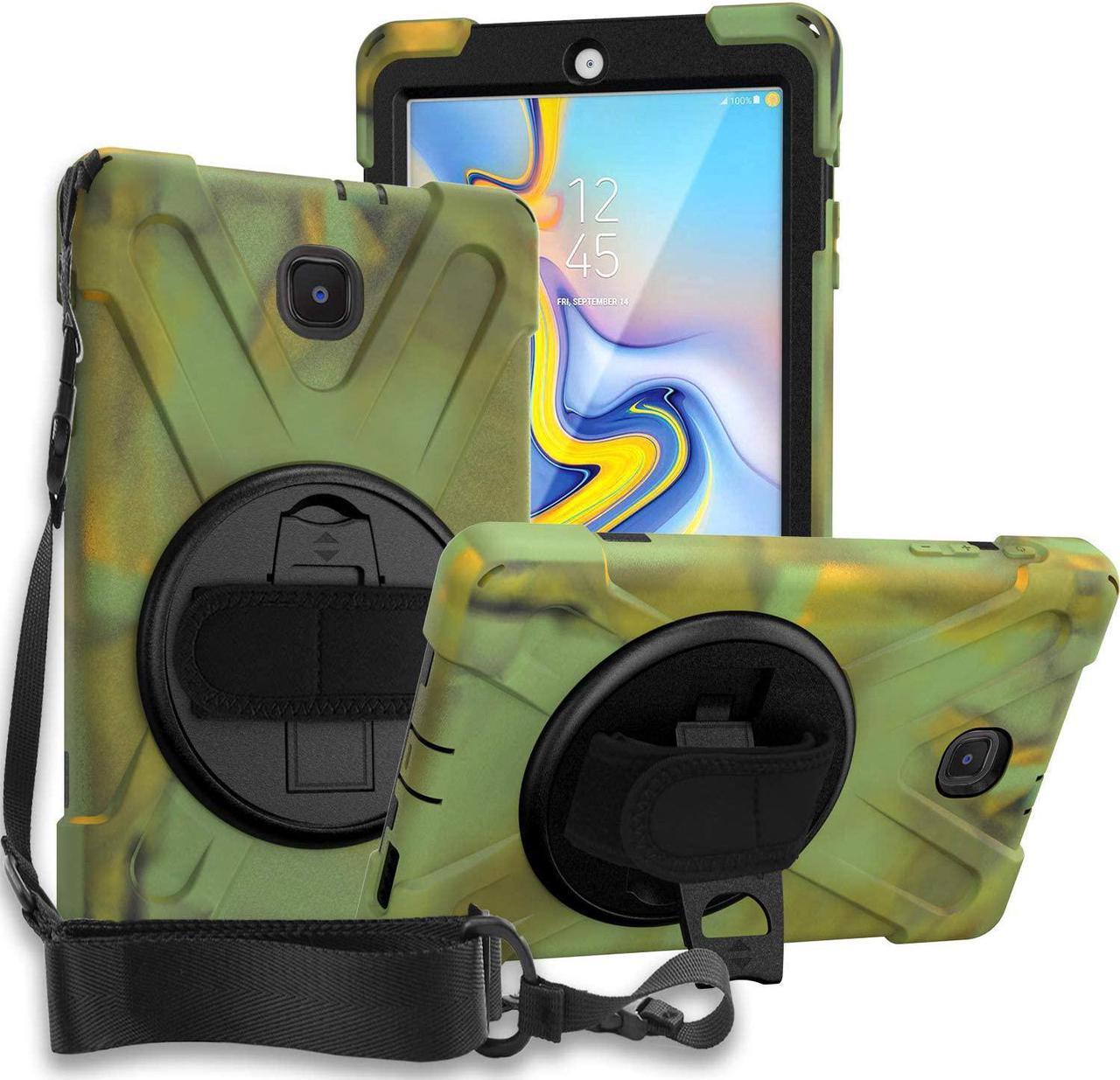 Galaxy Tab A 8.0 T387 Case, Heavy Duty Case Tempered Glass Screen Protector Cover Kickstand Handle Carrying Sling Strap for Samsung Galaxy Tab A 8.0 2018/2019 LTE SM-T387 (Camouflage)