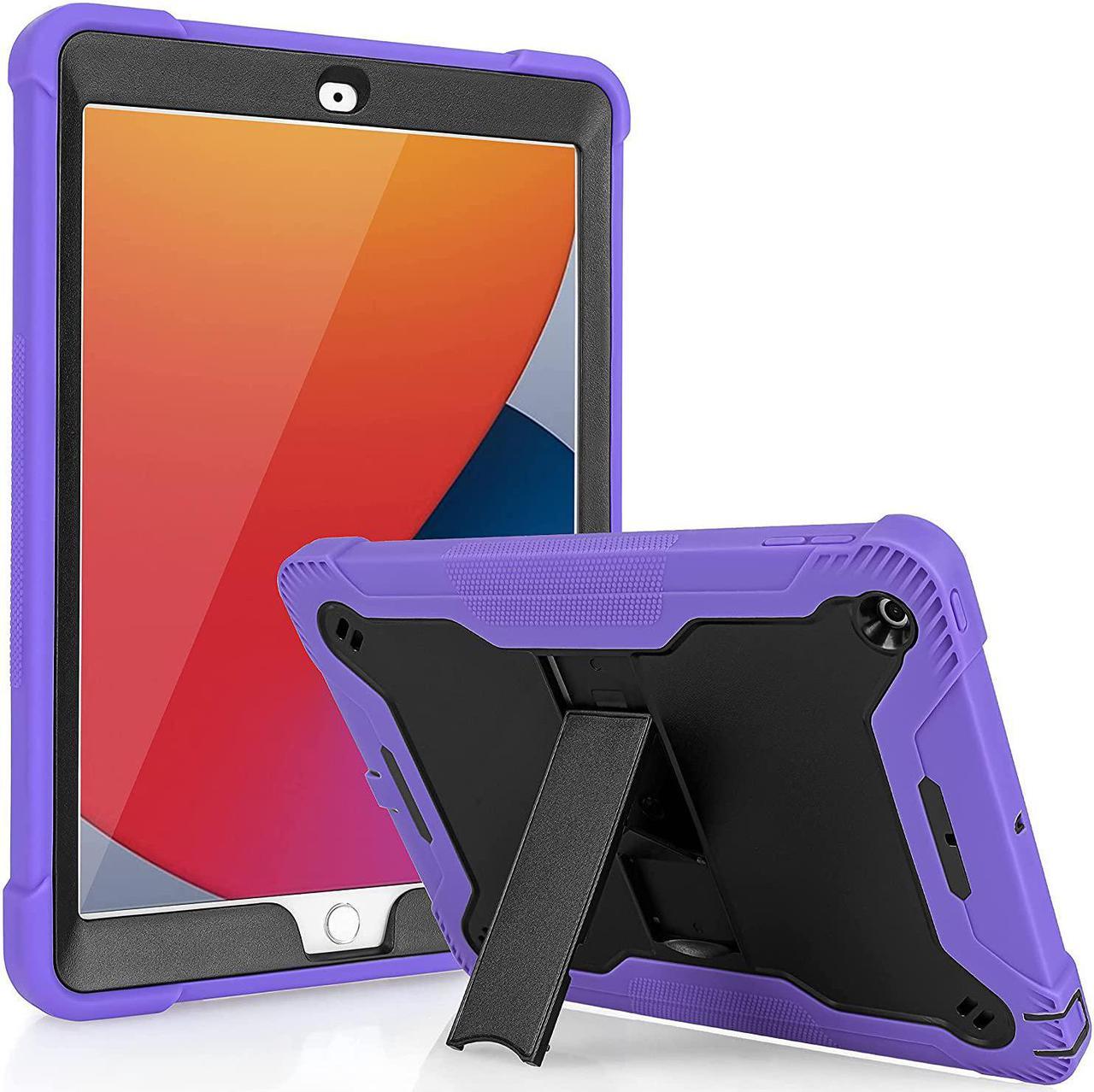 iPad 7th 8th Case, Heavy Duty Rugged Bumper Dual-Layer Protection Cover with Kickstand for Apple iPad 10.2" 7th 8th Gen 2019/2020 [Black in / Purple Out]