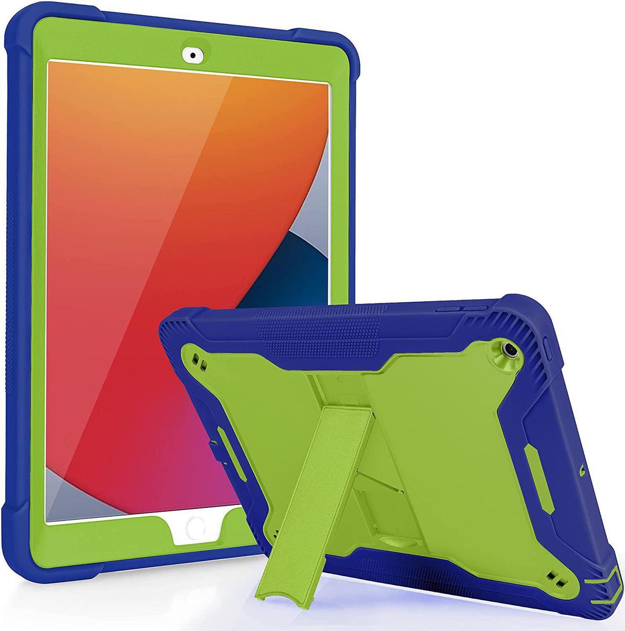 iPad 7th 8th Case, Heavy Duty Rugged Bumper Dual-Layer Protection Cover with Kickstand for Apple iPad 10.2" 7th 8th Gen 2019/2020 [Lime Green in / Dark Blue Out]