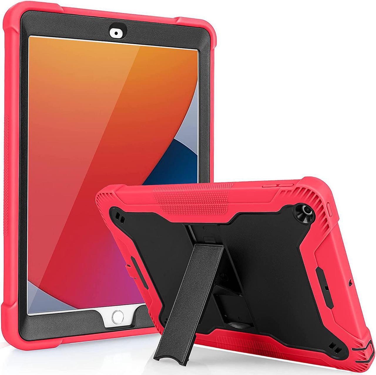 iPad 7th 8th Case, Heavy Duty Rugged Bumper Dual-Layer Protection Cover with Kickstand for Apple iPad 10.2" 7th 8th Gen 2019/2020 [Black in / Red Out]