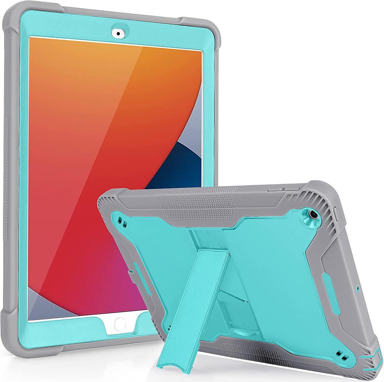 iPad 7th 8th Case, Heavy Duty Rugged Bumper Dual-Layer Protection Cover with Kickstand for Apple iPad 10.2" 7th 8th Gen 2019/2020 [Teal in / Grey Out]