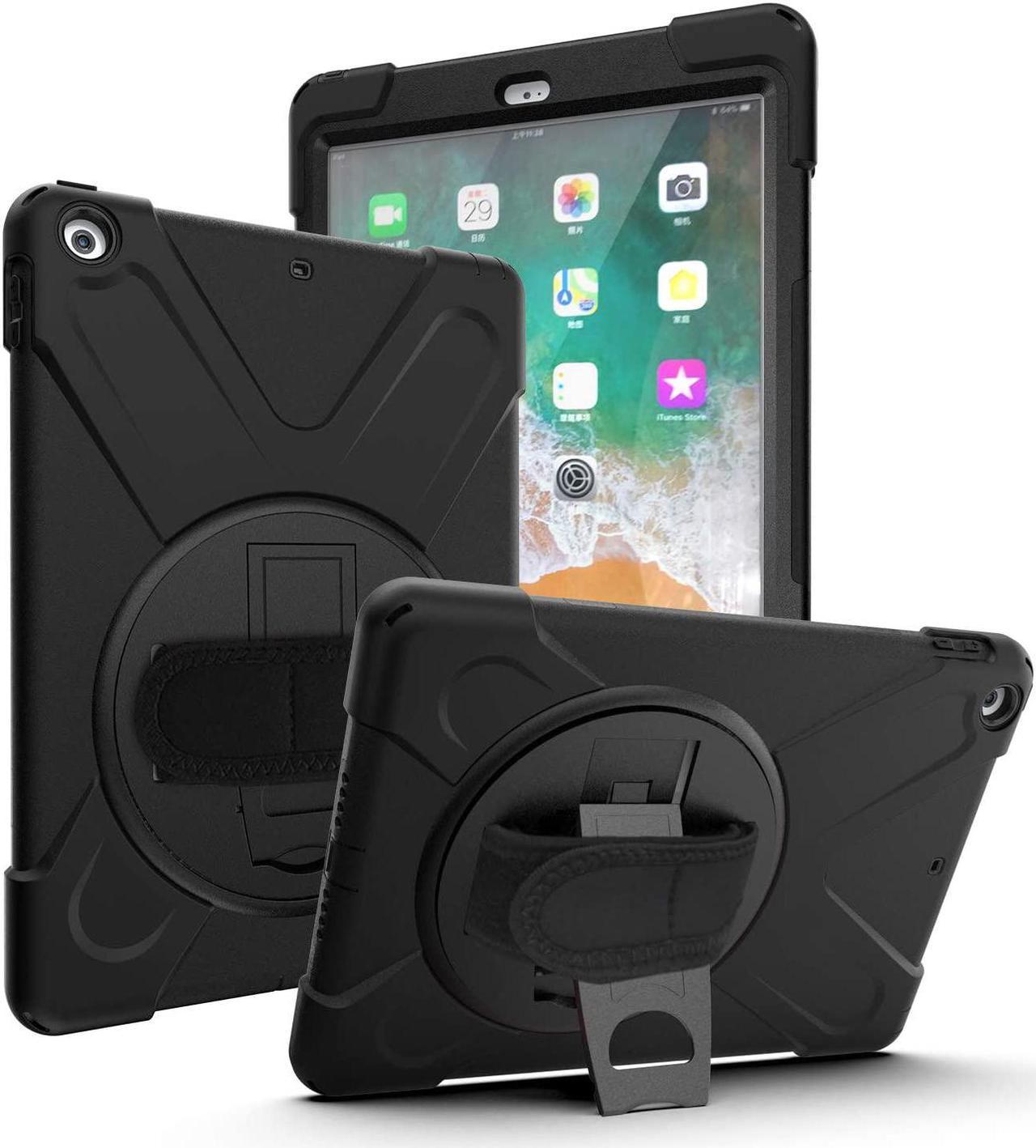 iPad 9.7 2017/2018 5th 6th Gen Case, Shockproof Heavy Duty Case Cover Kickstand Carrying Sling Strap Tempered Glass Screen Protector for Apple iPad 5th 6th Gen (Shield Black)